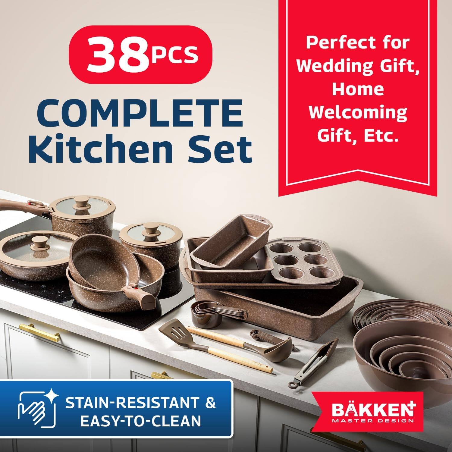 38 PCS  
COMPLETE Kitchen Set  

Perfect for Wedding Gift, Home Welcoming Gift, Etc.  

STAIN-RESISTANT & EASY-TO-CLEAN  

BÄKKEN  
MASTER DESIGN