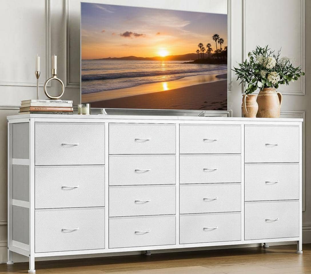 TROPOW - 14 Drawer Dresser & TV Stand, with Power Outlet for 65 70 75 Inch TV, Long Entertainment Center for Home Room Decor - White