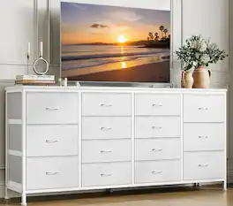 TROPOW - 14 Drawer Dresser & TV Stand, with Power Outlet for 65 70 75 Inch TV, Long Entertainment Center for Home Room Decor - White