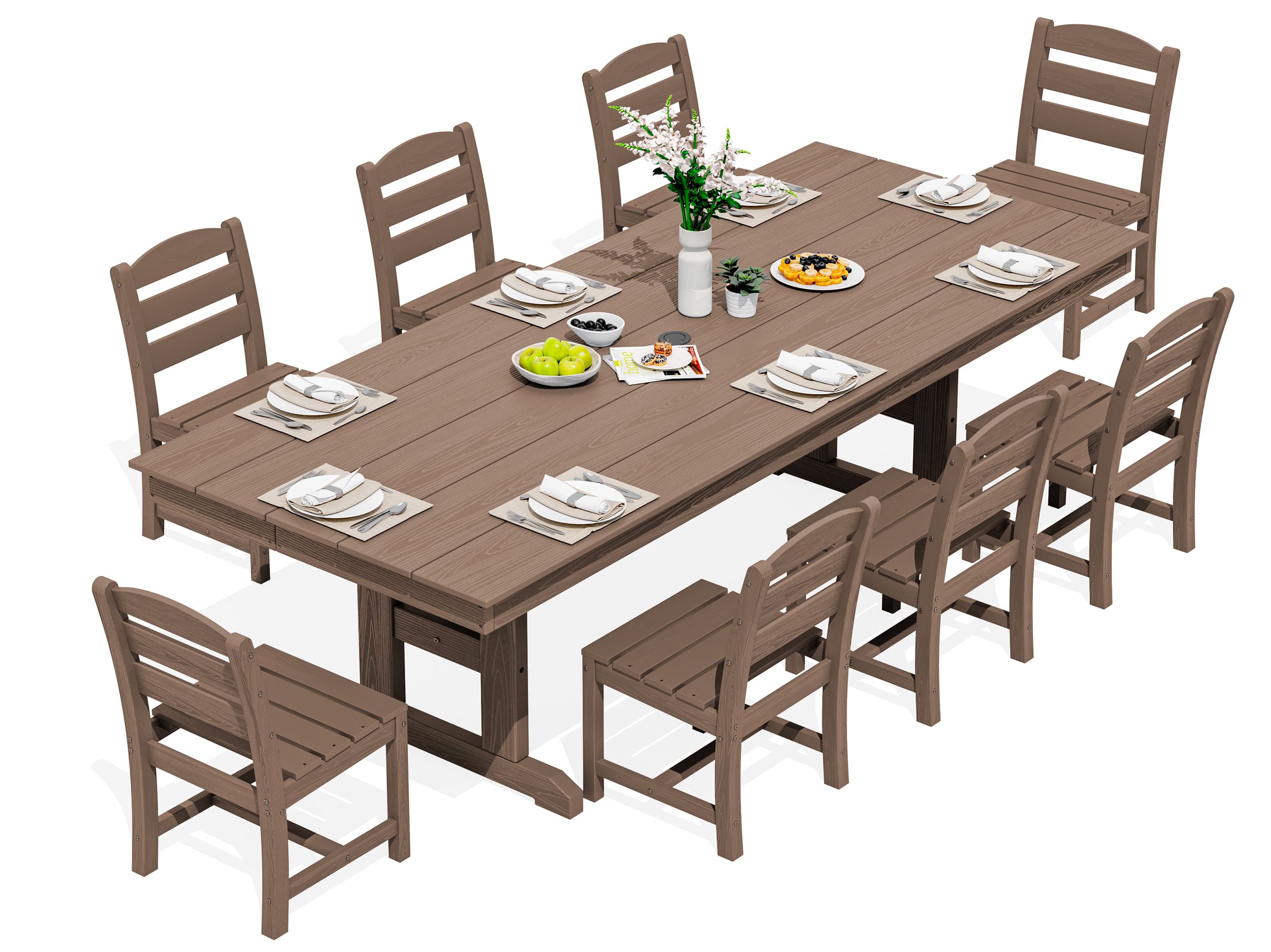 SERWALL - 9 Piece 84" HDPE Outdoor Dining Set for 8 with Armless Chairs and Umbrelle Hole - Brown