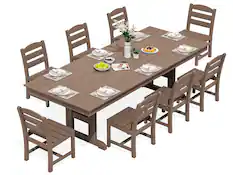 Front. SERWALL - 9 Piece 84" HDPE Outdoor Dining Set for 8 with Armless Chairs and Umbrelle Hole - Brown.