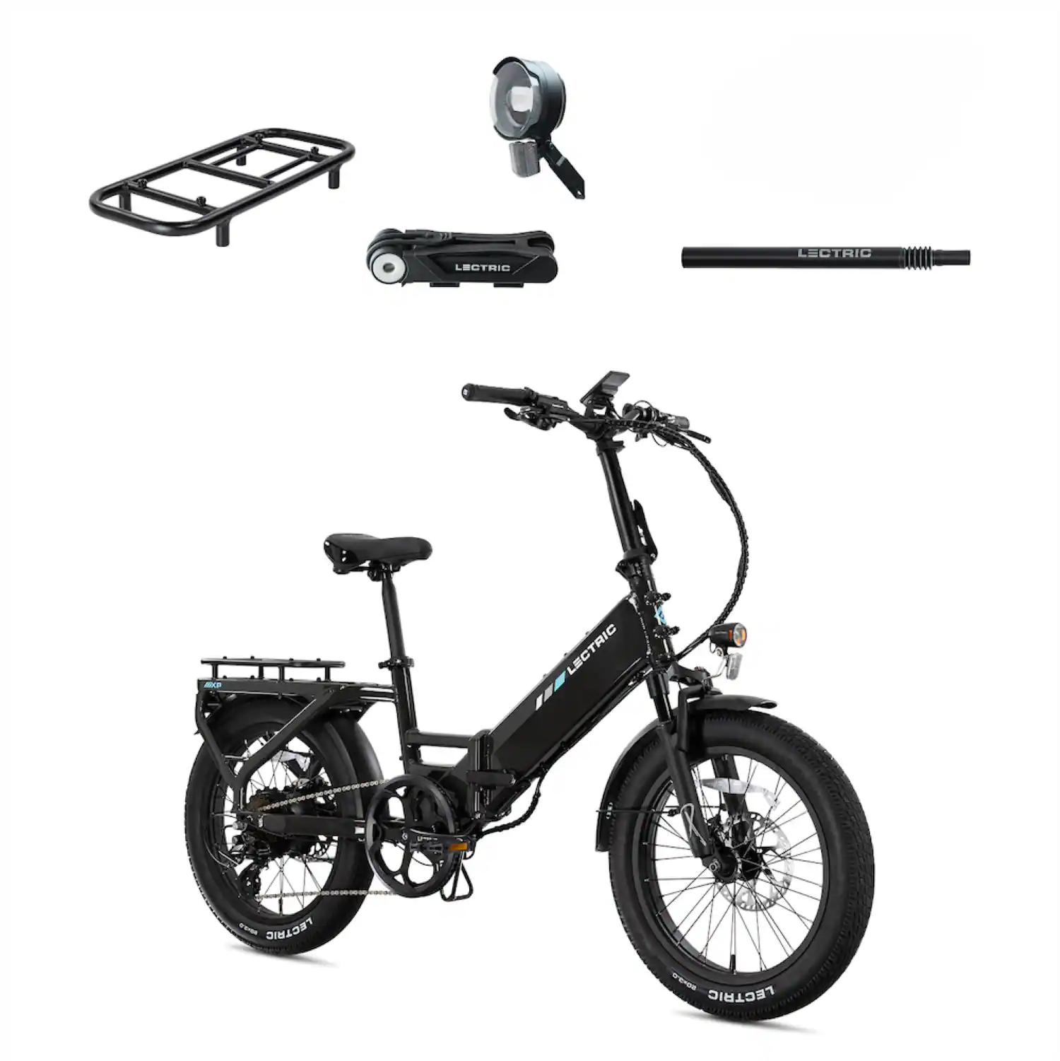 Lectric eBikes - XP4 750 Step-Thru Foldable Long-Range eBike (Max 85mi/28mph) + LevelUp Rack/Seat Post/Elite Headlight/Lock - Tempest Grey