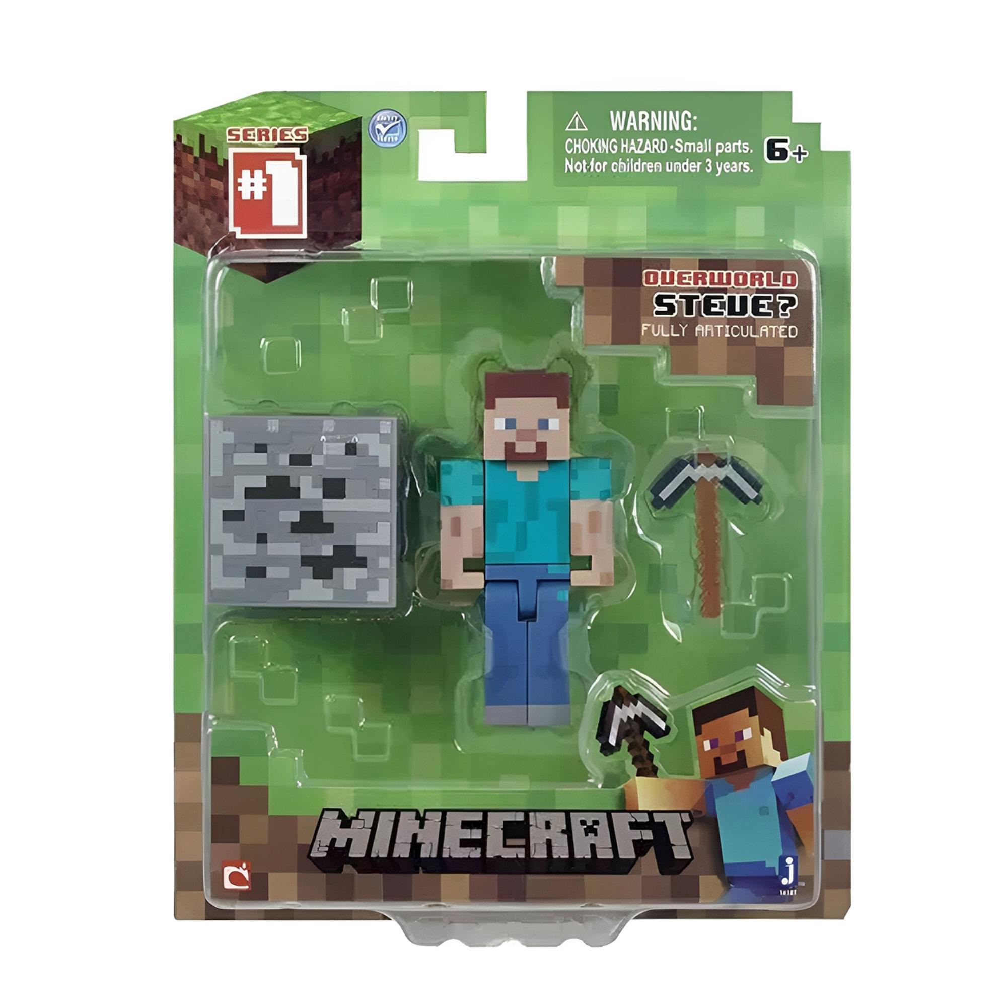 Sure, here is the corrected and grouped text from the image:

---

**SERIES #1**

**WARNING:**
CHOKING HAZARD - Small parts. Not for children under 3 years.

**6+**

**OVERWORLD STEVE?**
FULLY ARTICULATED

**MINECRAFT**

---

This text includes all the visible information from the packaging.
