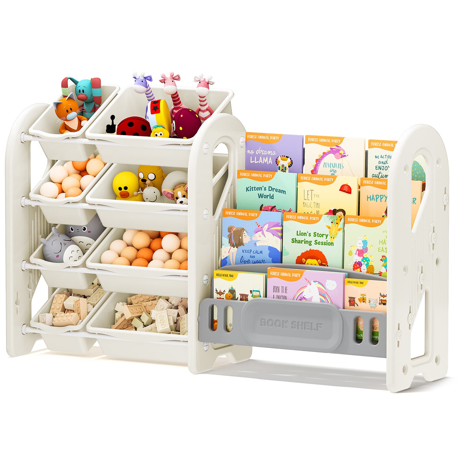 Sugift - Kids Toy Organizer and Bookshelf, 2-in-1 Storage Shelf with 9 Bins & 4 Book Slots - Beige