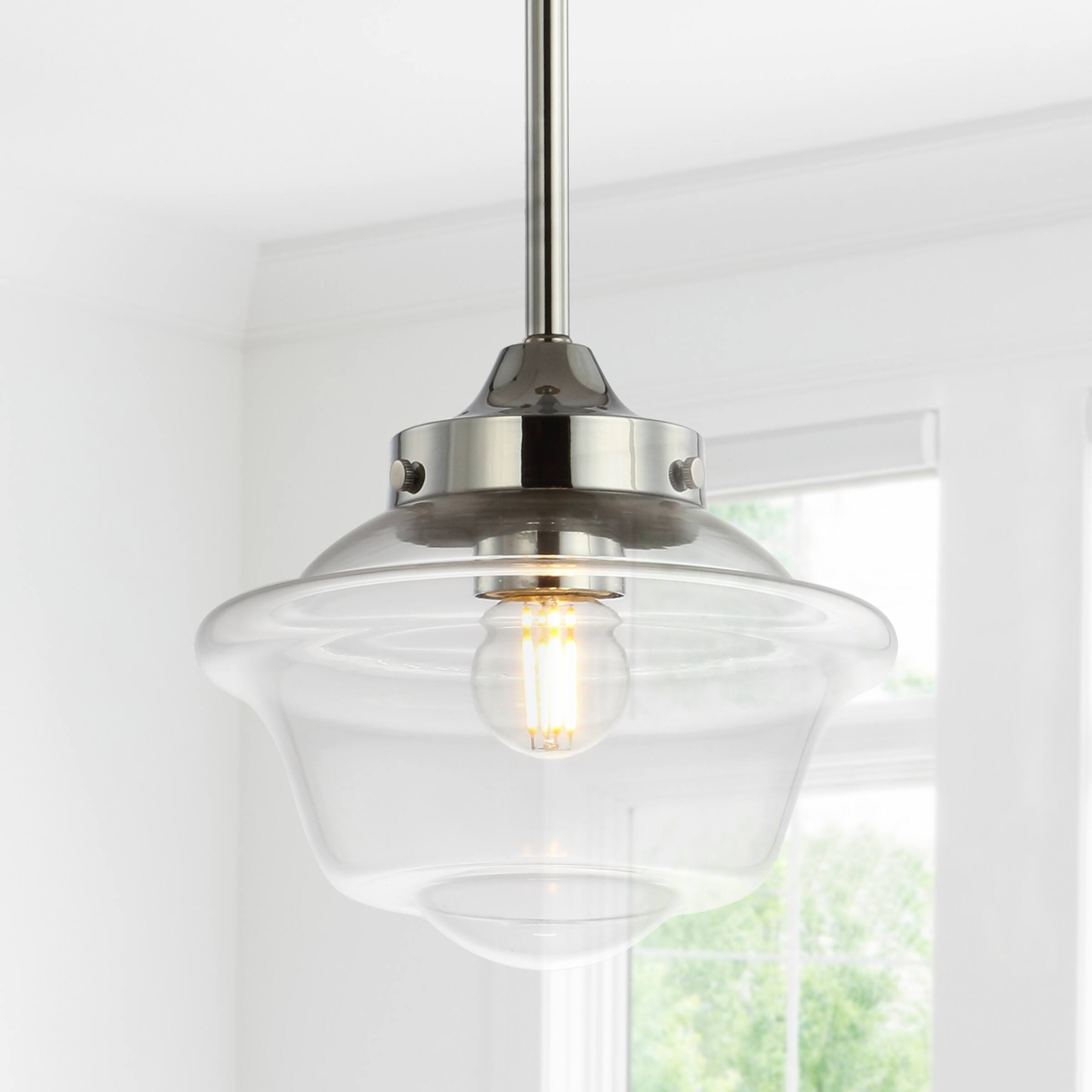 Alt View 1. Jonathan Y - Kurtz 7.25" Adjustable Drop Metal/Glass LED Pendant, Chrome - Chrome.