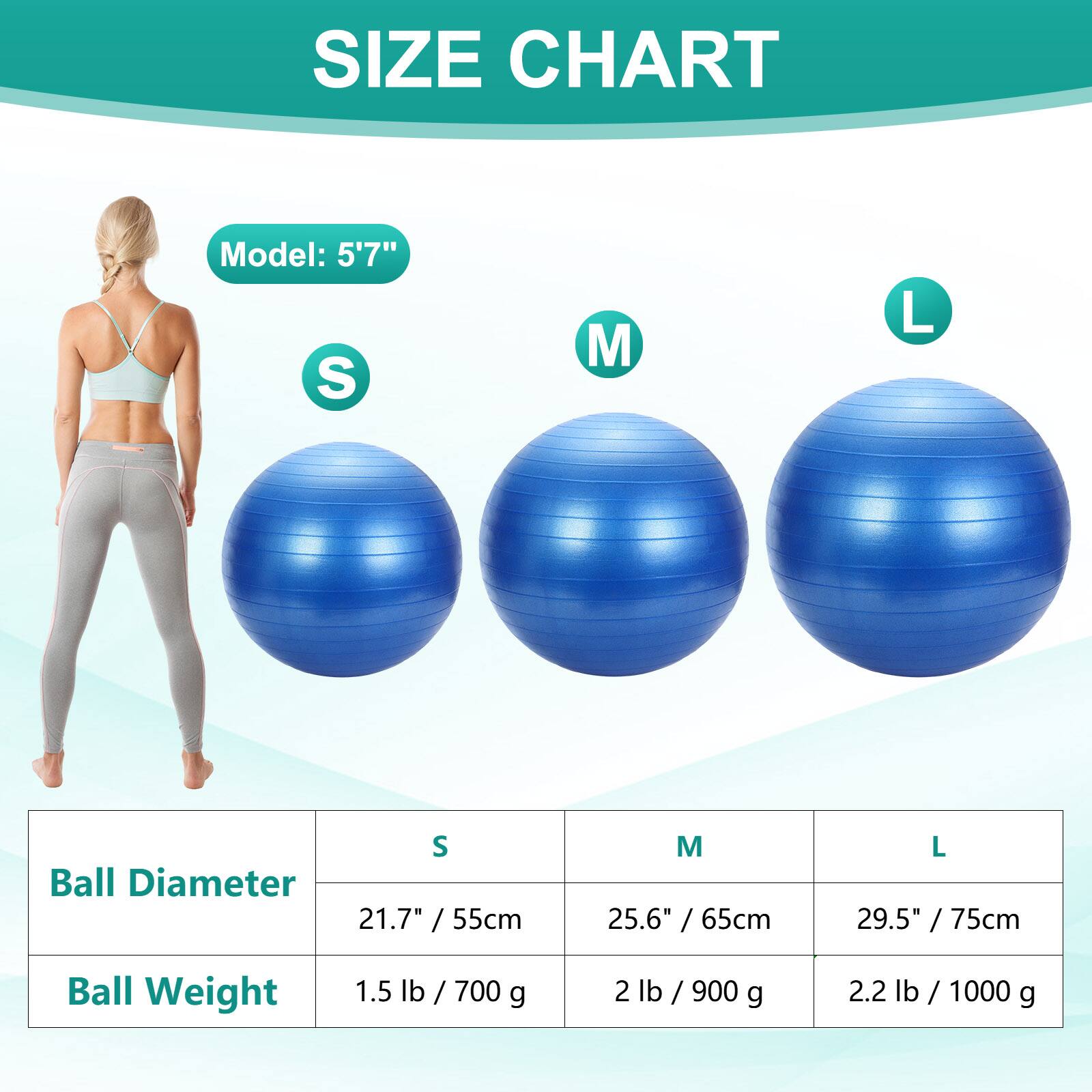 SIZE CHART

Model: 5'7"

S M L

Ball Diameter
21.7" / 55cm
25.6" / 65cm
29.5" / 75cm

Ball Weight
1.5 lb / 700 g
2 lb / 900 g
2.2 lb / 1000 g