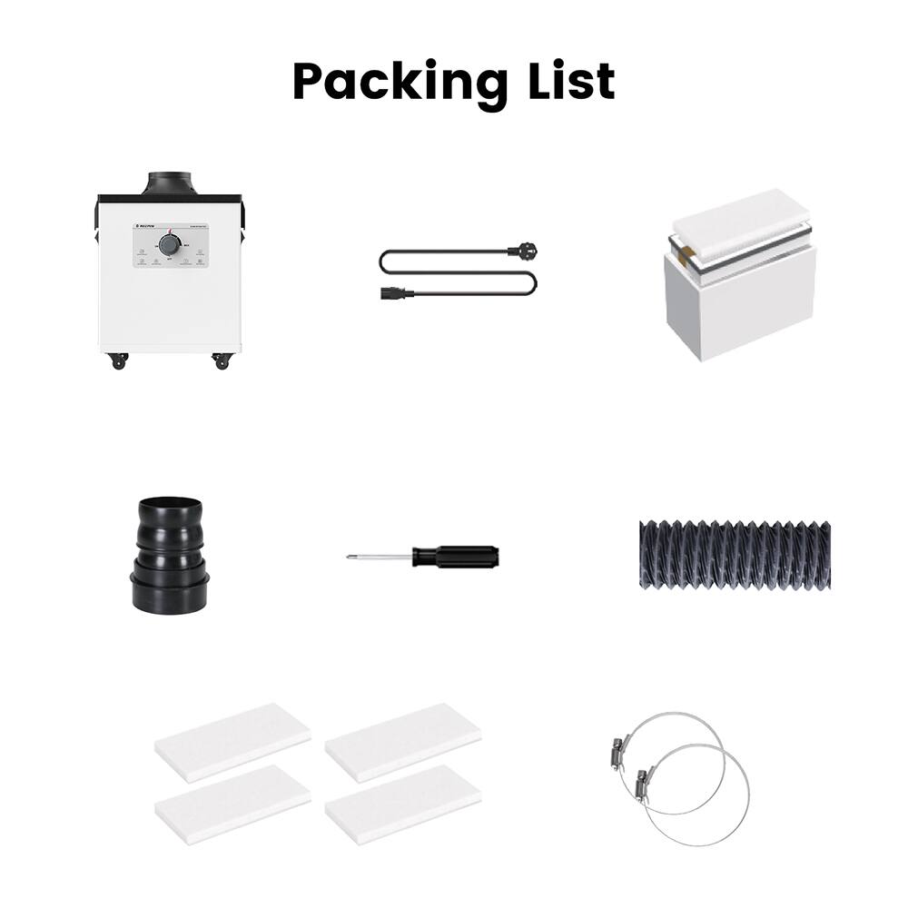 Packing List

- Machine
- Two metal rods
- Box
- Black cylindrical object
- Screwdriver
- Coil
- Four white rectangular objects
- Wire with clips