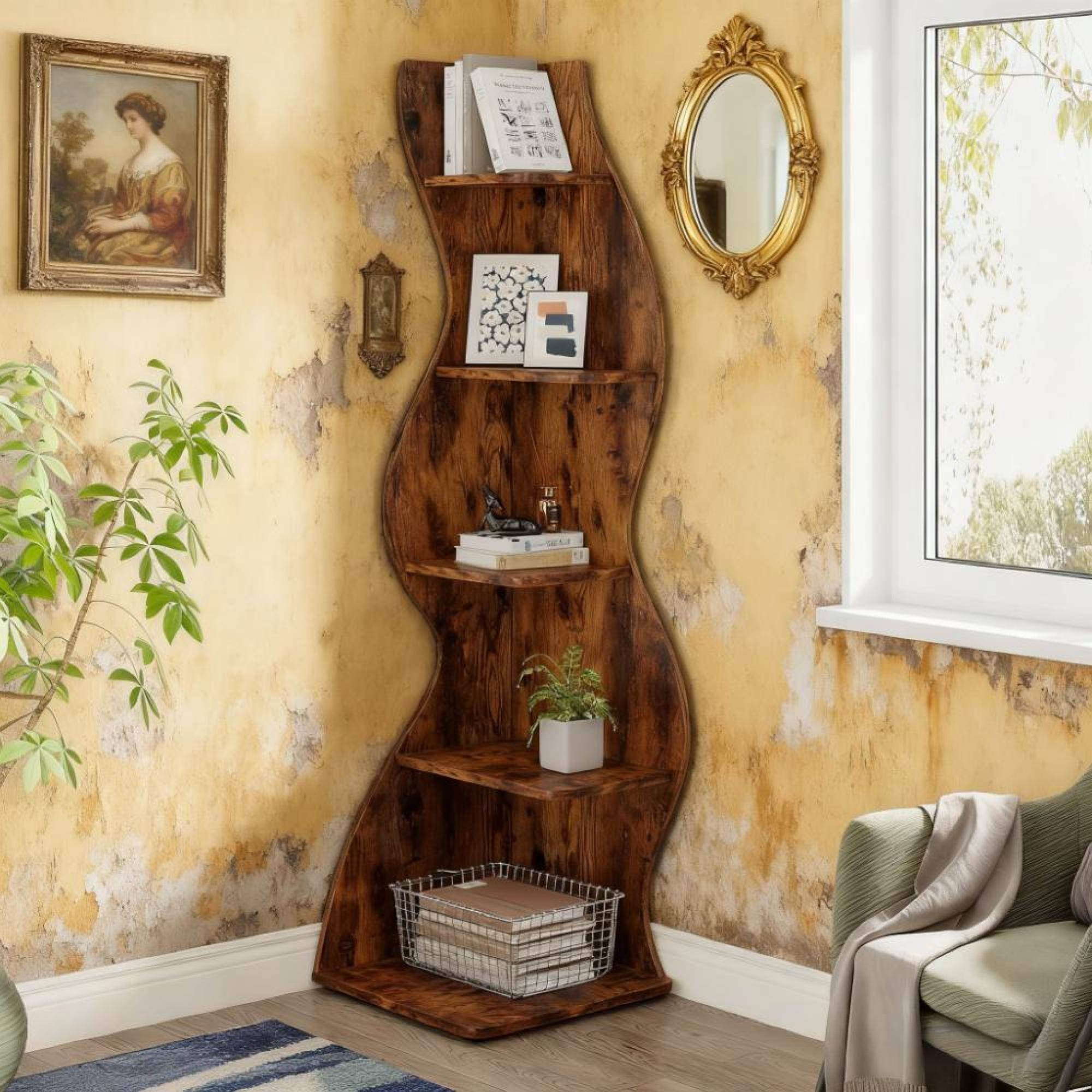 Alt View 2. GOODSILO - Modern 5-Tier Corner Bookshelf Storage Rack for Home and Office Organization - Brown.
