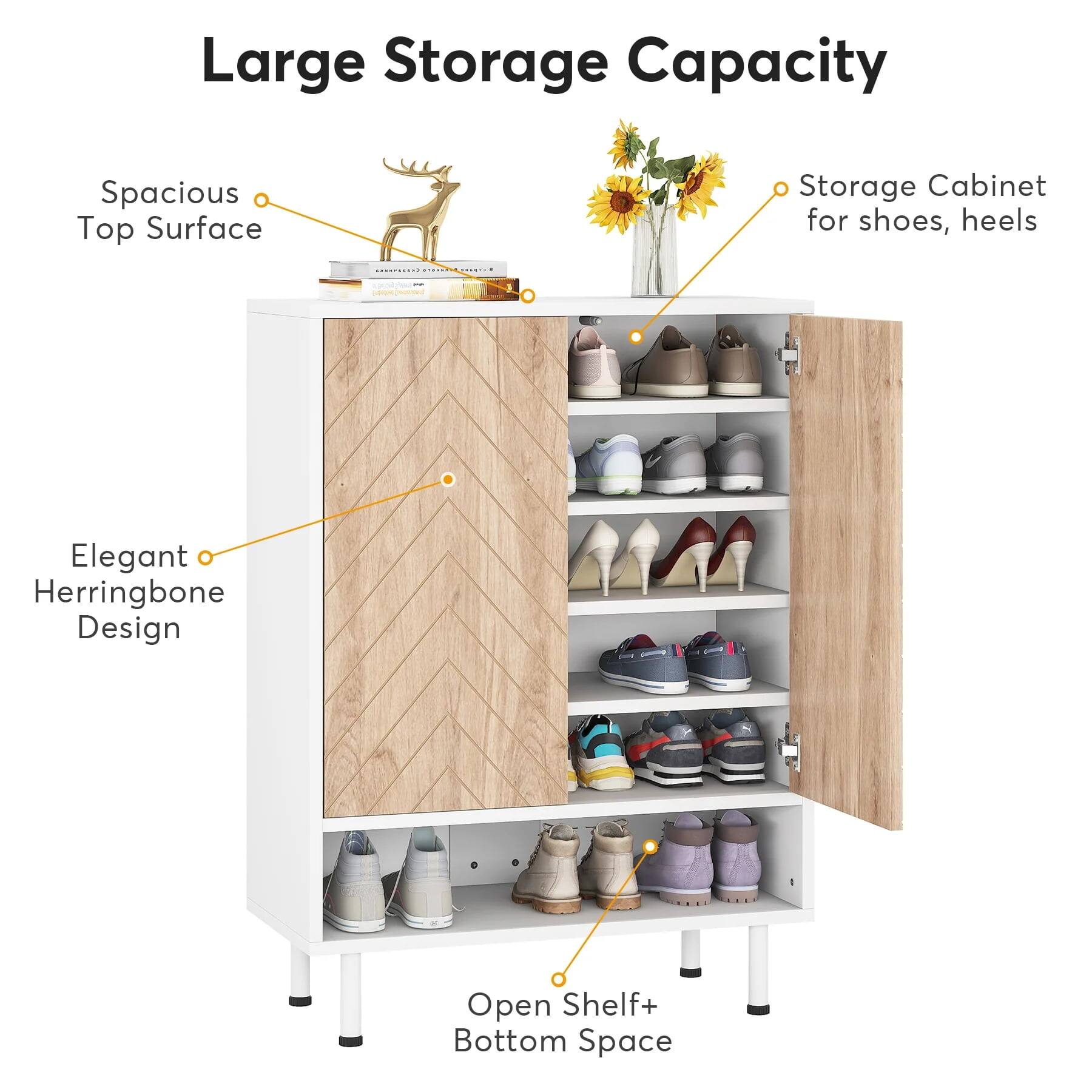 Large Storage Capacity: Spacious Top Surface Storage Cabinet for shoes, heels, and other items. Elegant Herringbone Design. Open Shelf and Bottom Space.
