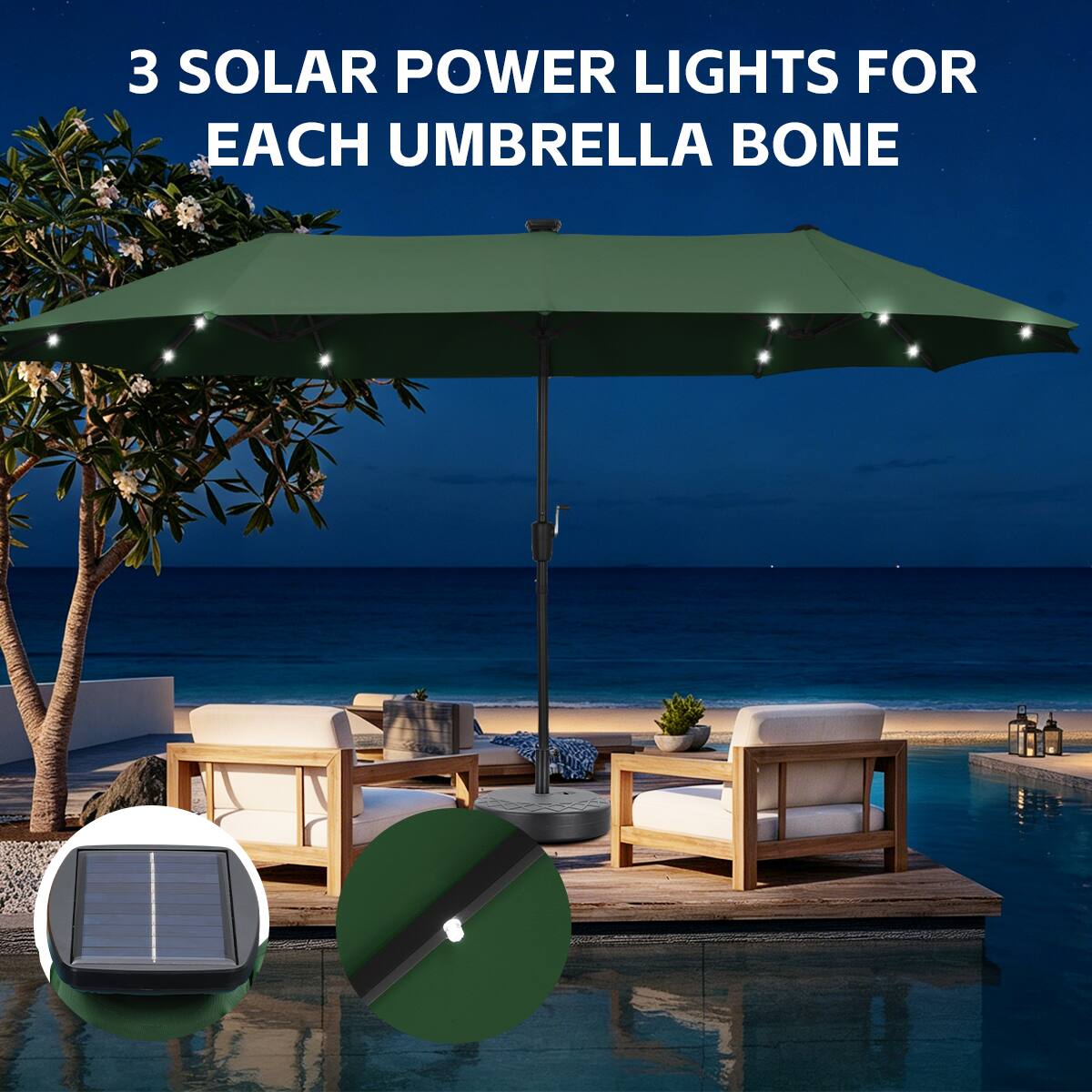 3 SOLAR POWER LIGHTS FOR EACH UMBRELLA BONE