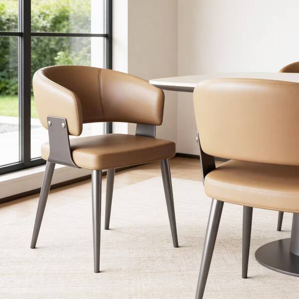 Alt View 1. luck idea - Modern Curved Half Arm Dining Chairs, PU Leather Upholstered Side Chair with Dark Metal Legs for Kitchen Dining Room - brown.