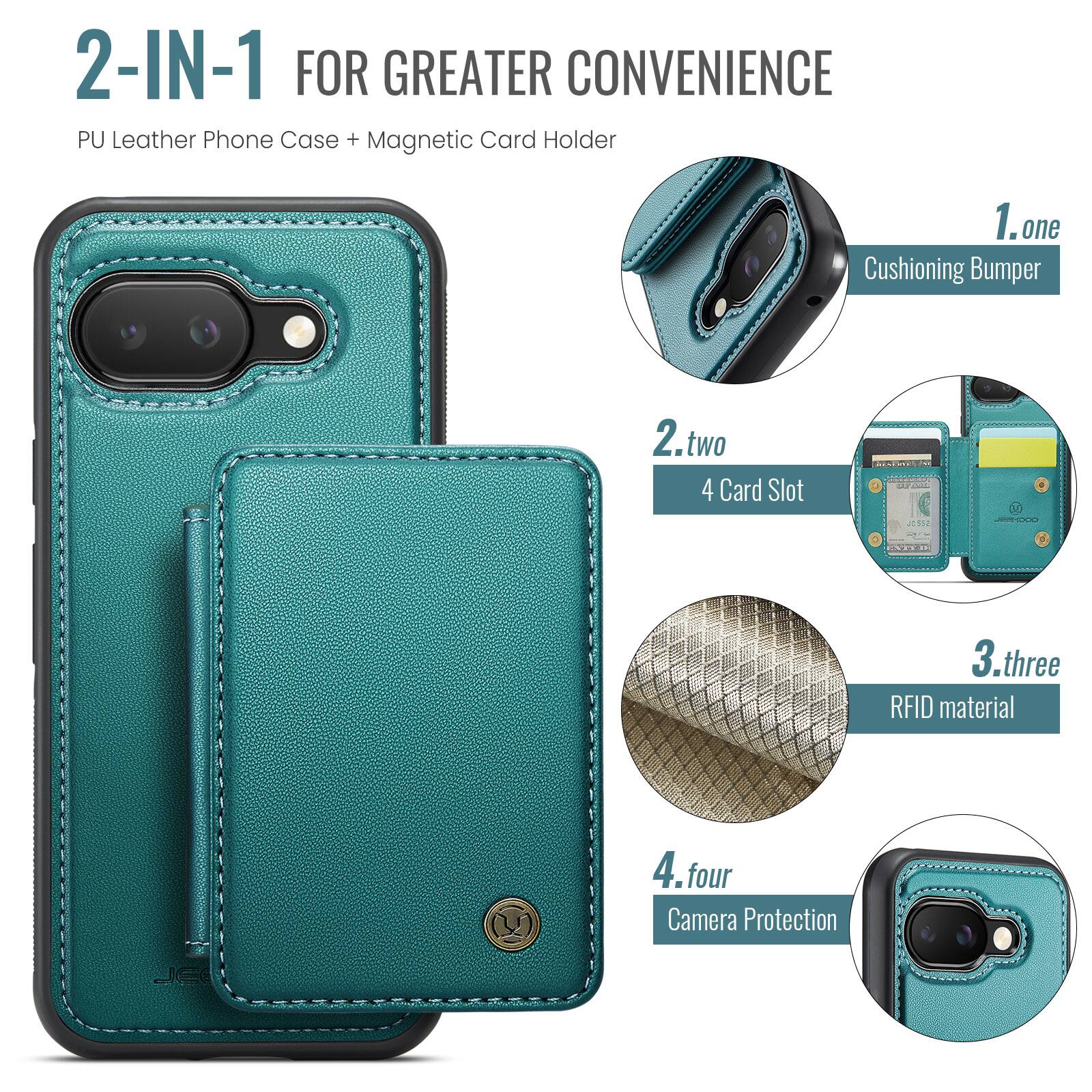 2-IN-1 FOR GREATER CONVENIENCE  
PU Leather Phone Case + Magnetic Card Holder  

1. one  
Cushioning Bumper  

2. two  
4 Card Slot  

3. three  
RFID material  

4. four  
Camera Protection