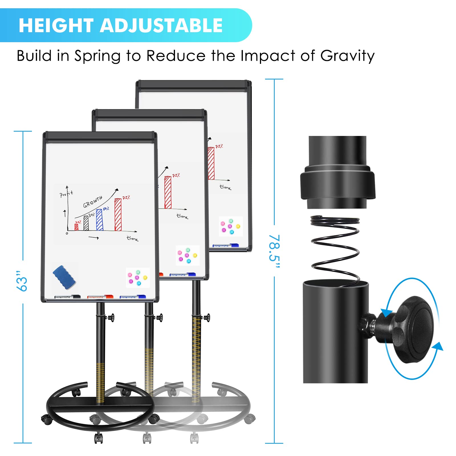HEIGHT ADJUSTABLE  
Build in Spring to Reduce the Impact of Gravity  

GROWTH  
H a7 time 1 time . 0 0 pR I thre - 78.5" -  

63"  
78.5"