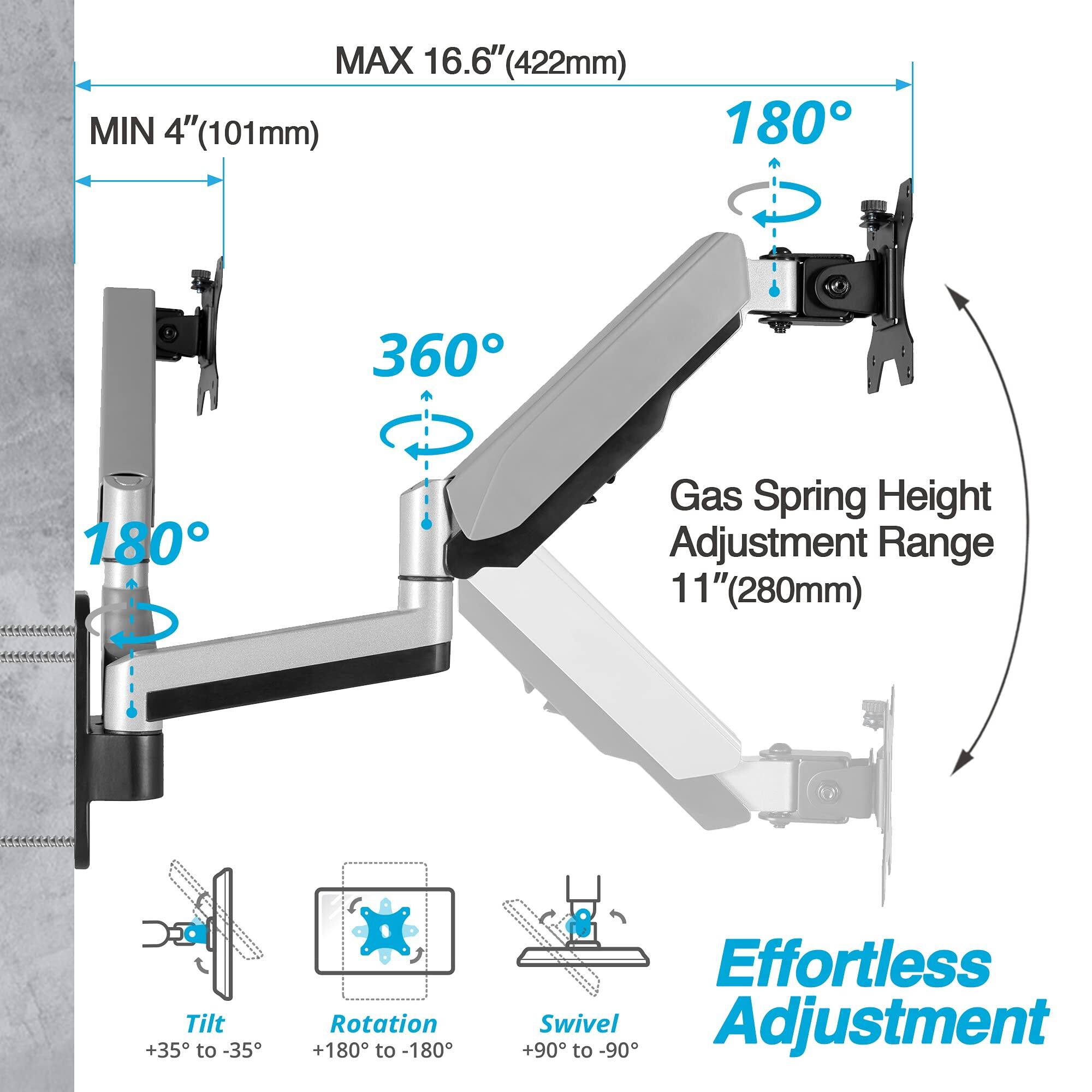 MAX 16.6" (422mm)  
MIN 4" (101mm)  

Gas Spring Height Adjustment Range 11" (280mm)  

Tilt +35° to -35°  
Rotation +180° to -180°  
Effortless Swivel Adjustment +90° to -90°  

360°  
180°  
180°