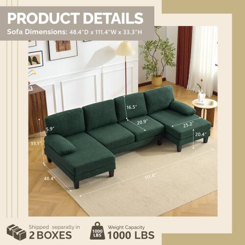 PRODUCT DETAILS  
Sofa Dimensions: 48.4"D x 111.4"W x 33.3"H  
- Seat Depth: 16.5"  
- Arm Height: 5.9"  
- Seat Height: 20.9"  
- Back Height: 25.2"  
- Arm Width: 20.4"  
- Overall Width: 111.4"  
- Overall Depth: 48.4"  

Shipped separately in 2 BOXES  
Weight Capacity: 1000 LBS