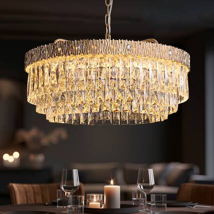 Front. Siljoy - 24 Inch Round Luxury Champagne Gold Multi-Layer Crystal Chandelier, Ceiling Pendant Light for Living Room and Foyer - Champagne Gold.