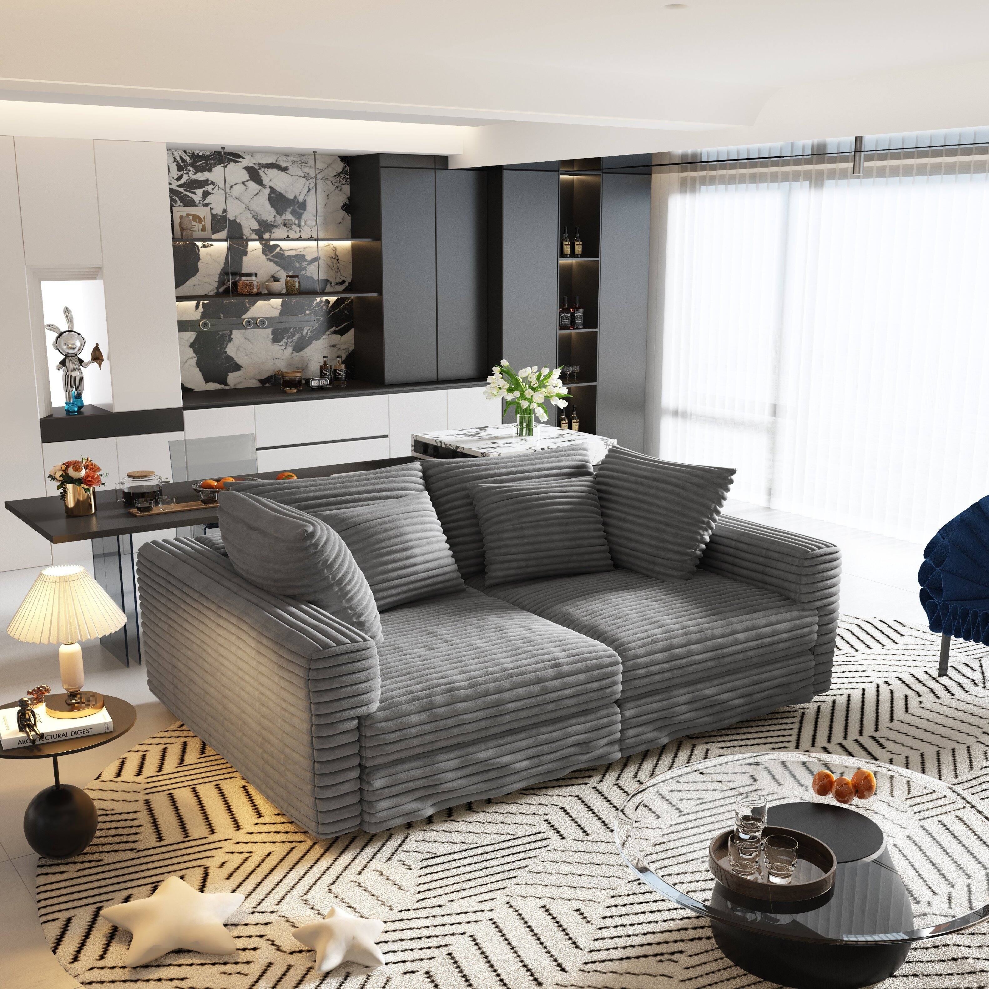 Alt View 7. Ecooso - 102.4" Plush Corduroy 4-Seat Sofa, Deep Seat Convertible Lounge Couch with Soft Pillows for Living Room & Office - Grey.