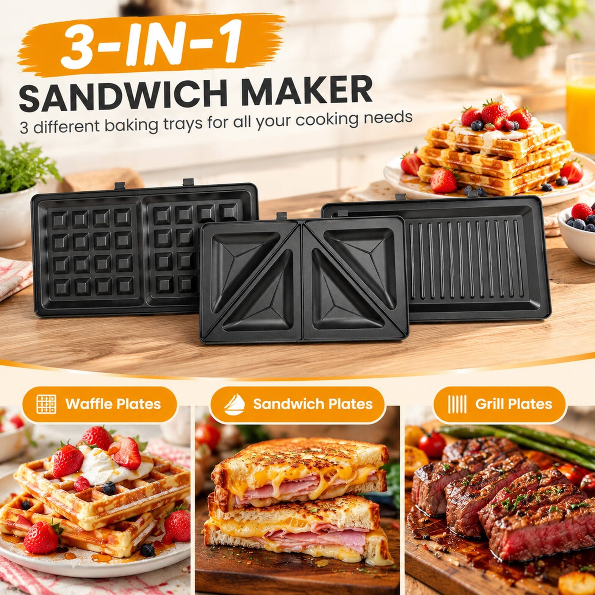 3-IN-1 SANDWICH MAKER for all your cooking needs  
3 different baking trays  
IN KX20 Waffle Plates 2010  
Sandwich Plates  
Grill Plates