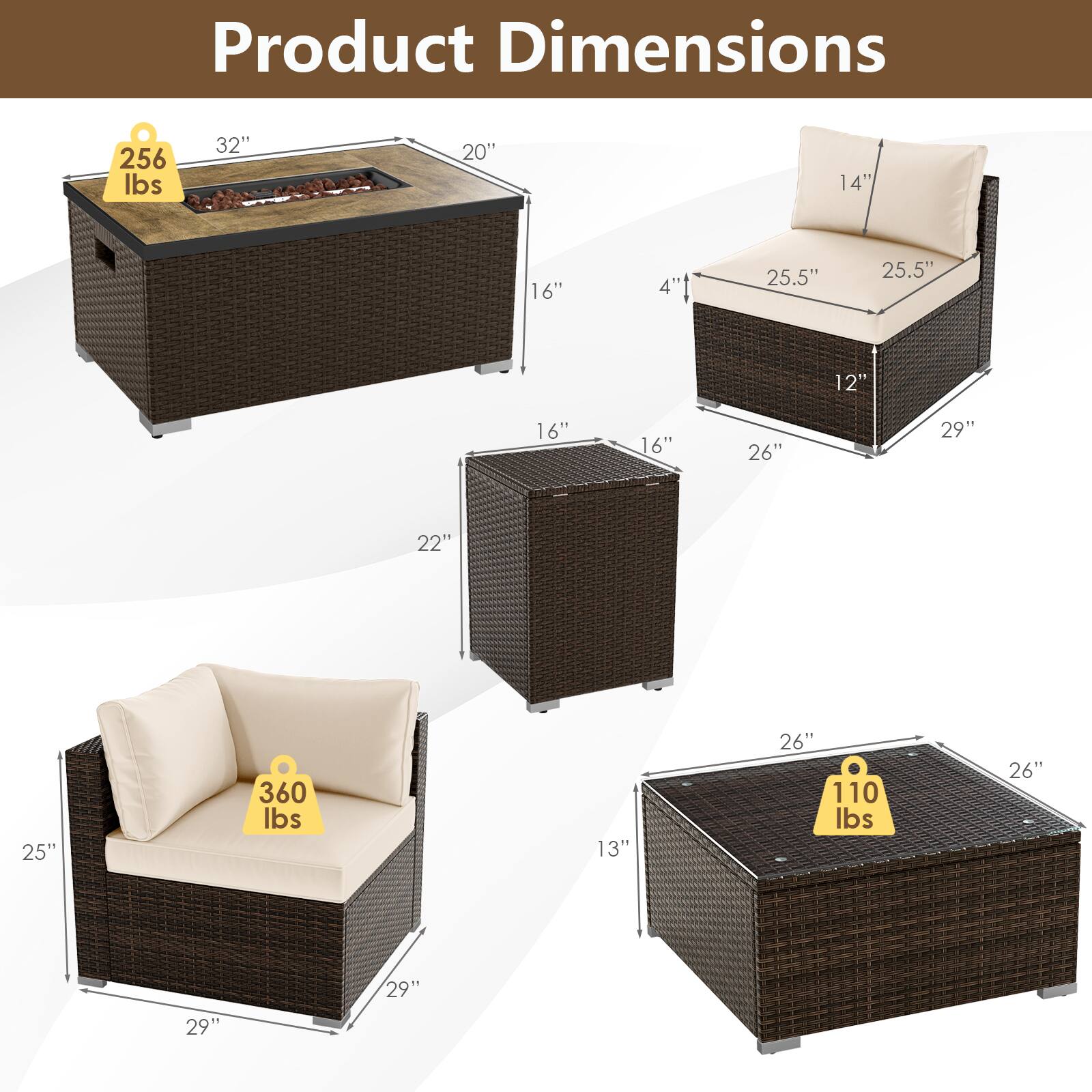 Product Dimensions

- 256 lbs
  - 32" x 20" x 16" x 4" x 25.5" x 25.5" x 12" x 16" x 16" x 26" x 29" x 22" x 25"

- 360 lbs
  - 25" x 29" x 29"

- 110 lbs
  - 26" x 26" x 13"