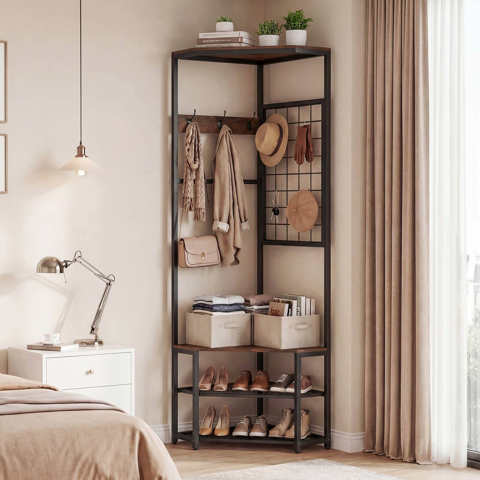 Alt View 4. Costway - Costway Corner Hall Tree, Freestanding Coat Rack with Storage Shelves & Removable Hooks - Rustic Brown + Black.