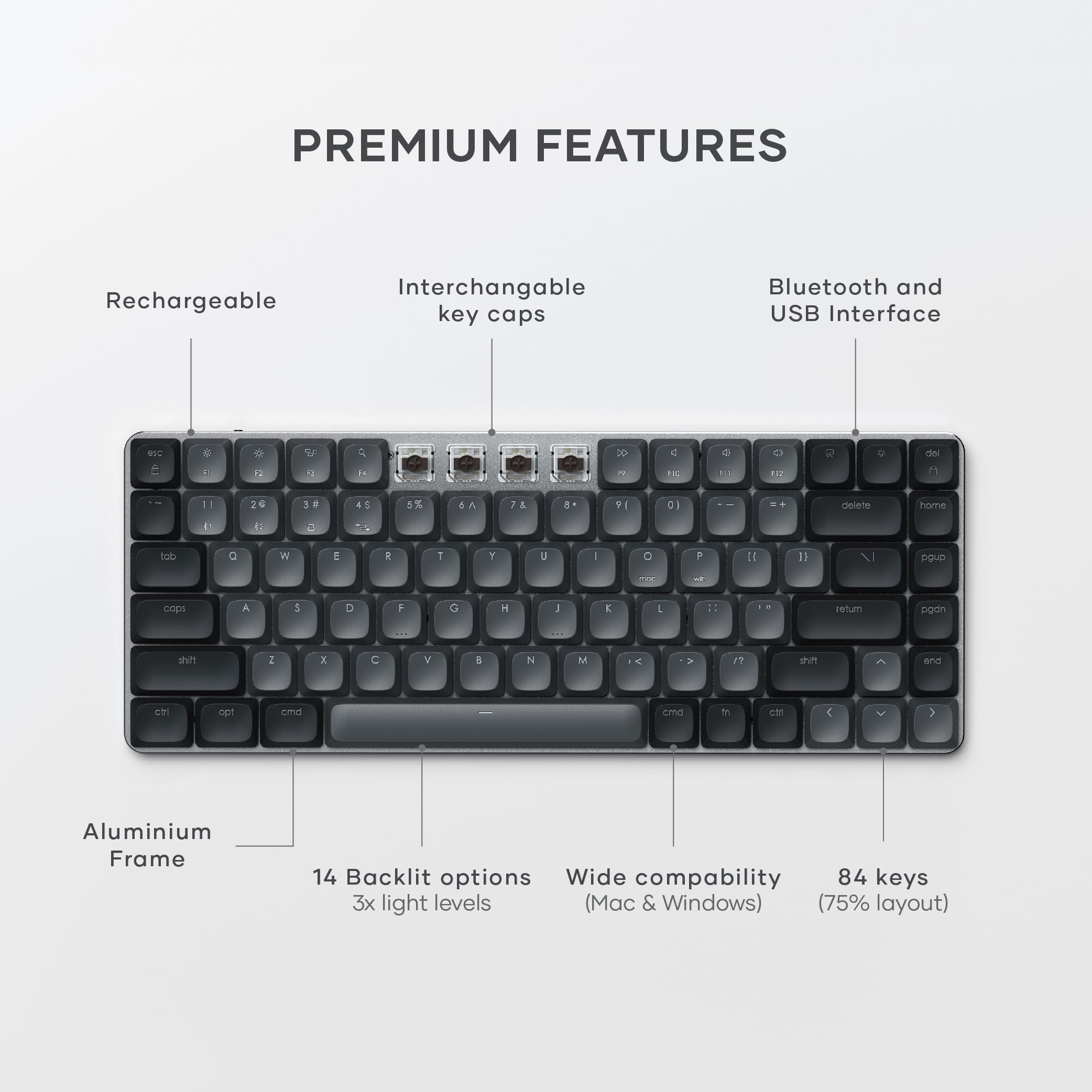 PREMIUM FEATURES

- Rechargeable
- Interchangeable key caps
- Bluetooth and USB Interface
- Aluminium Frame
- 14 Backlit options
- 3x light levels
- Wide compatibility (Mac & Windows)
- 84 keys (75% layout)