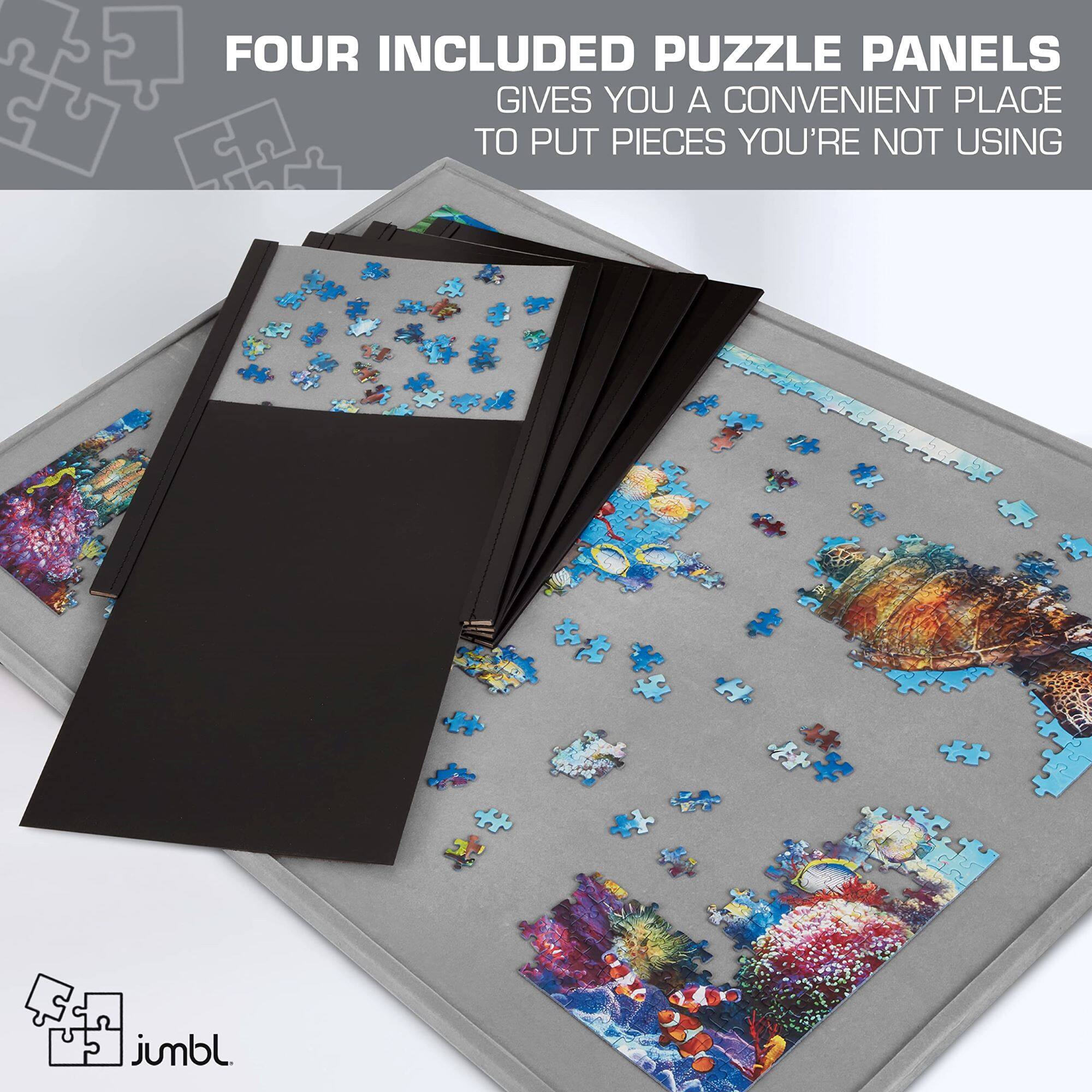 FOUR INCLUDED PUZZLE PANELS GIVES YOU A CONVENIENT PLACE TO PUT PIECES YOU'RE NOT USING, jumbl.