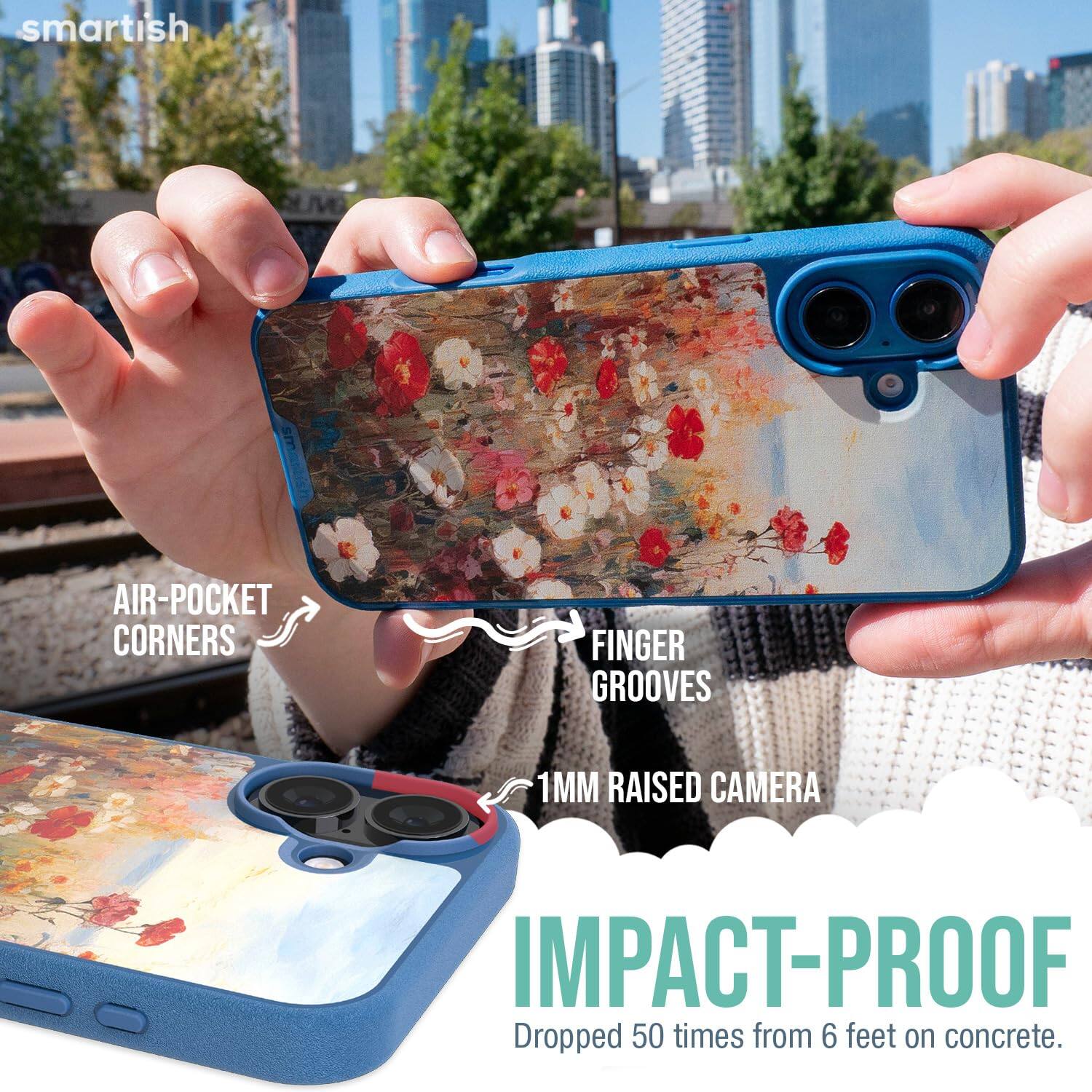 smartish  
- AIR-POCKET CORNERS  
- FINGER GROOVES  
- 1MM RAISED CAMERA  
- IMPACT-PROOF  
Dropped 50 times from 6 feet on concrete.