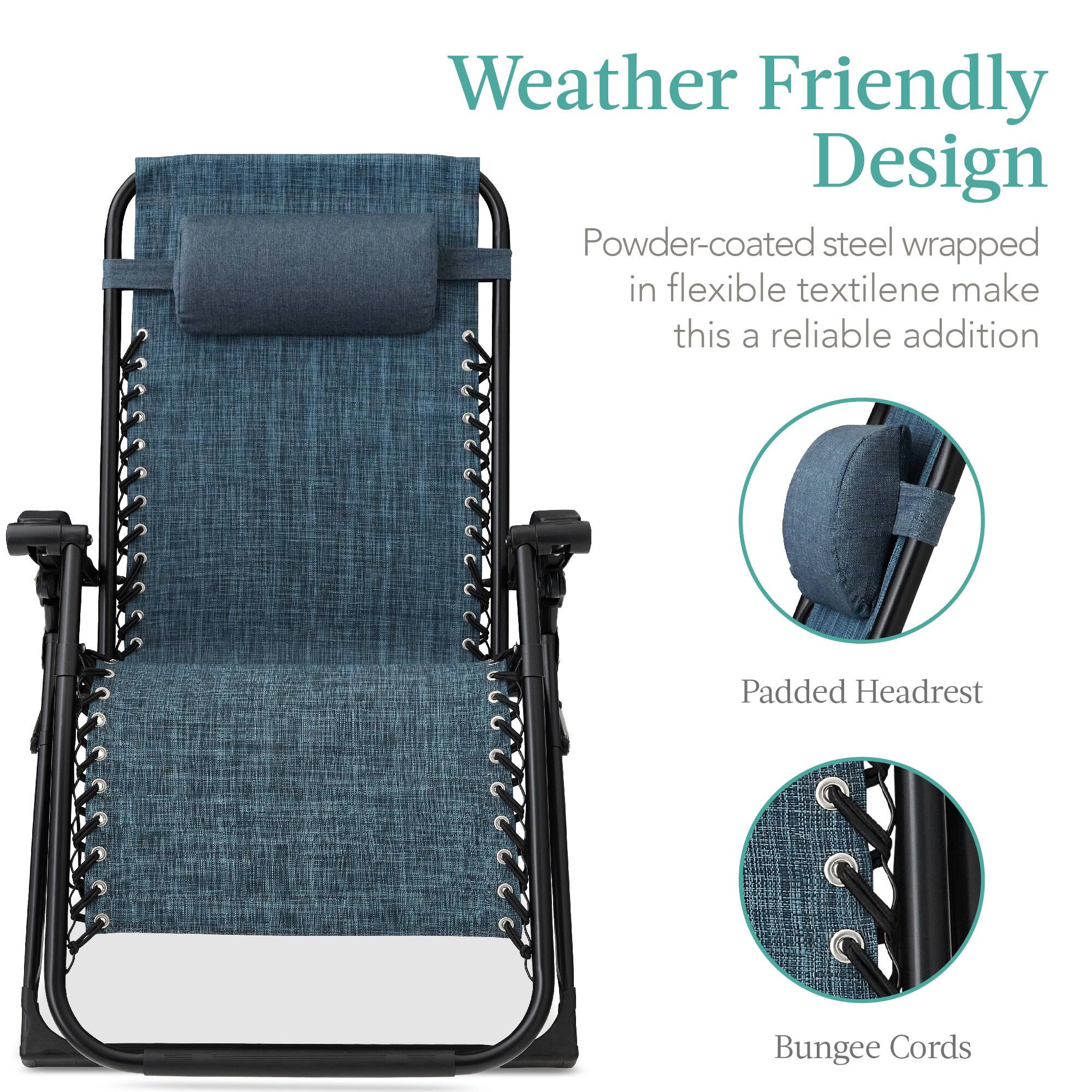 Weather Friendly Design

Powder-coated steel wrapped in flexible textilene make this a reliable addition

Padded Headrest

Bungee Cords