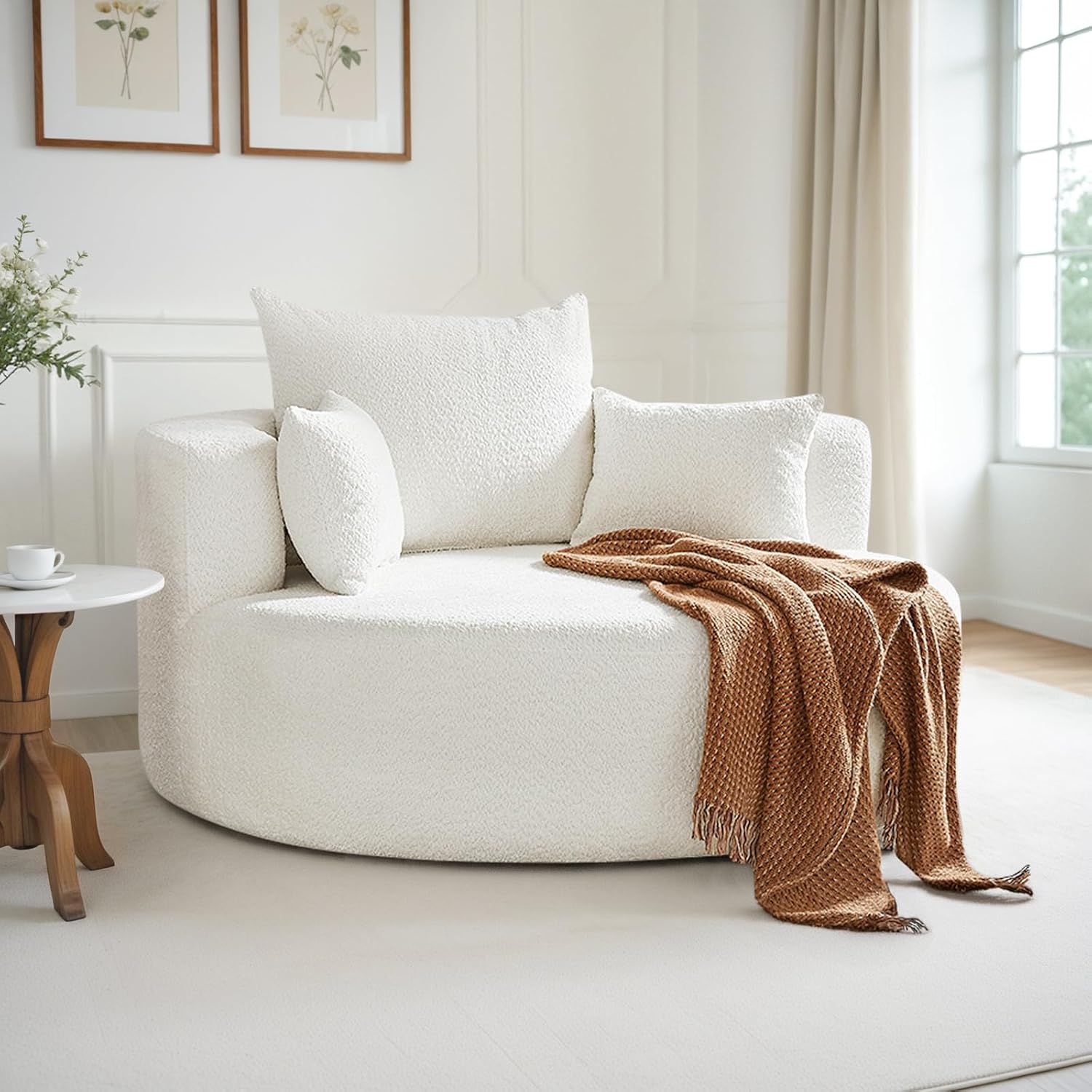 Alt View 6. Trinkets Crazed - Oversized Round Swivel Barrel Chair, Large Upholstered Accent Sofa Chair with 3 Pillow - beige.