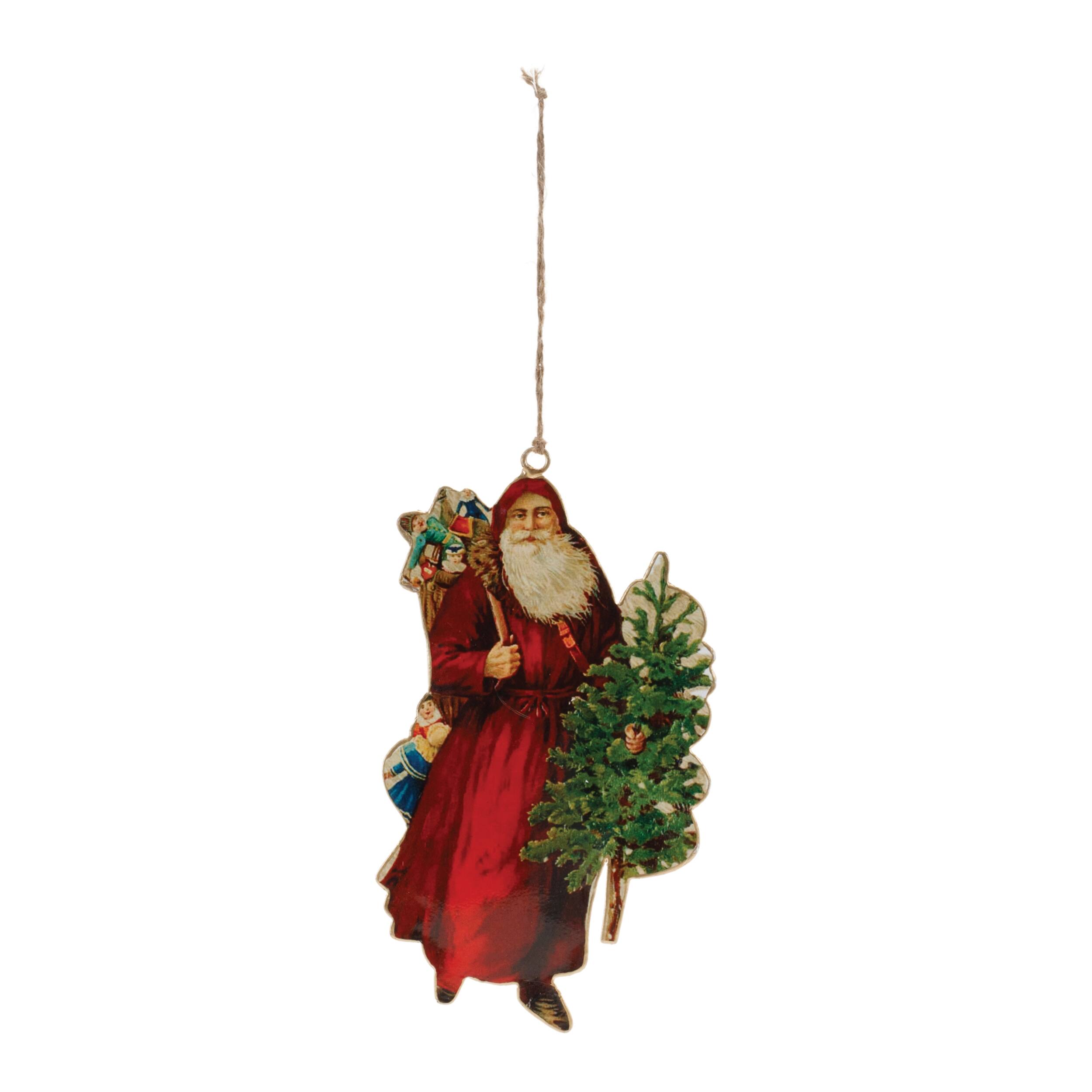 Angle. BreeBe - Vintage Metal Santa Ornament (Set of 6) - Red, Green.