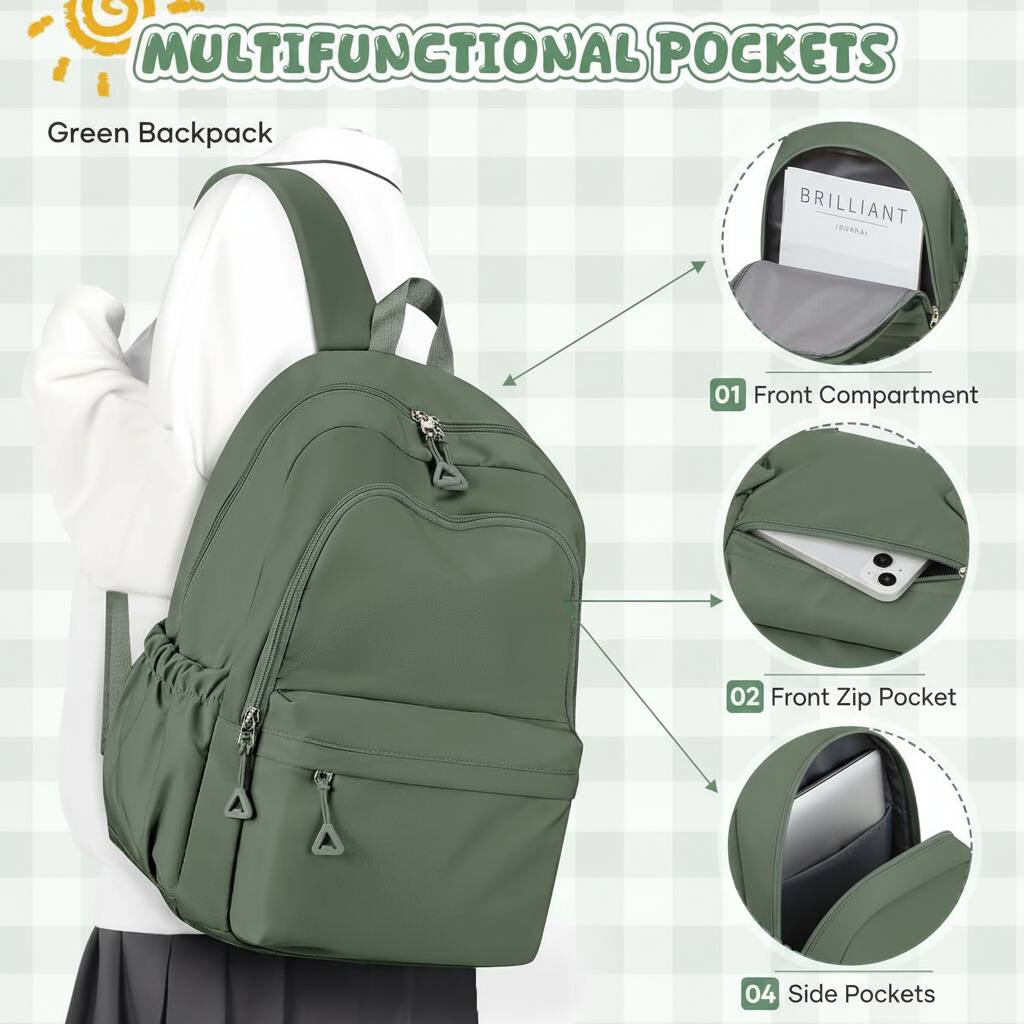 MULTIFUNCTIONAL POCKETS  
Green Backpack  
01 Front Compartment  
02 Front Zip Pocket  
04 Side Pockets