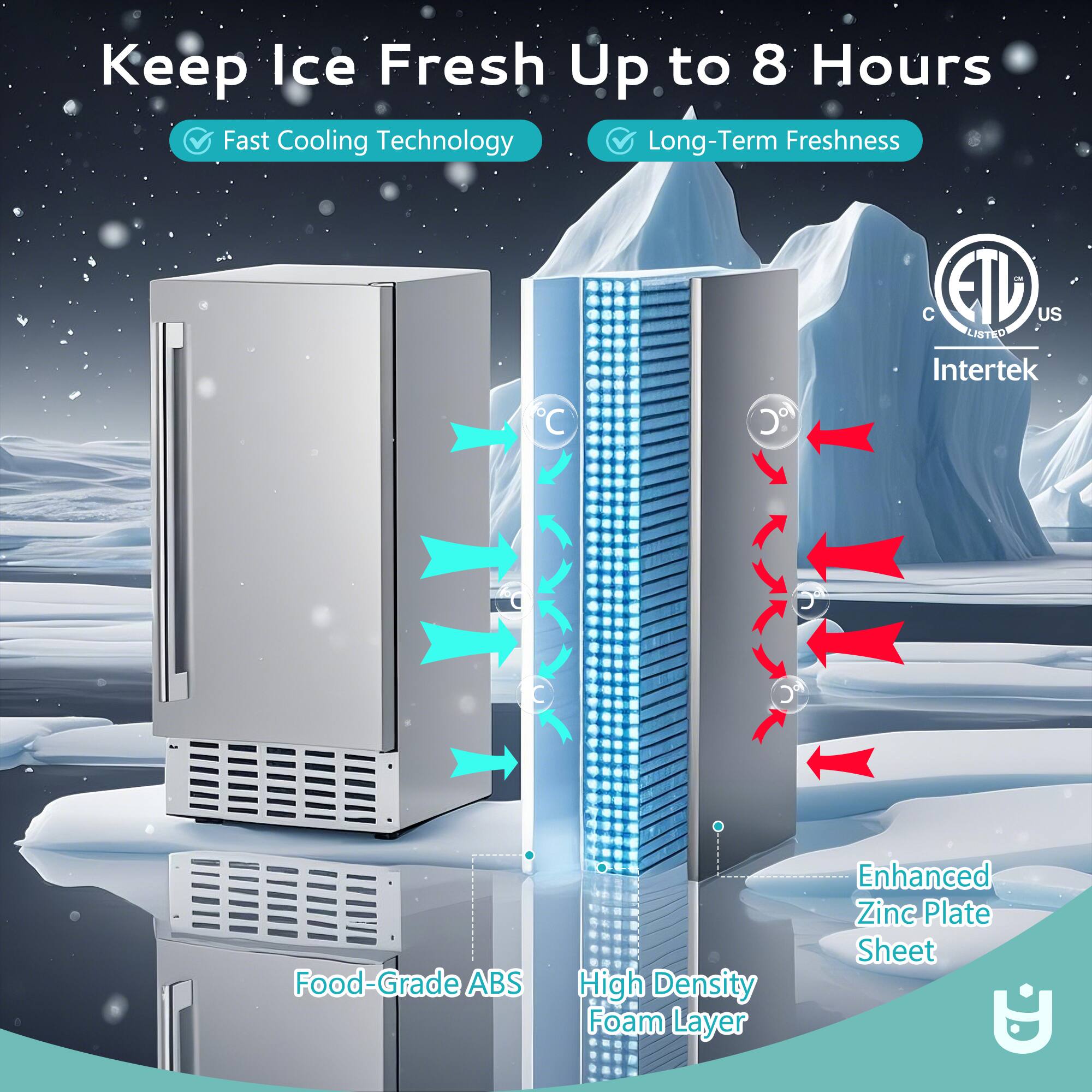 Keep Ice Fresh Up to 8 Hours  
Fast Cooling Technology  
Long-Term Freshness  

Food-Grade ABS  
High Density Foam Layer  
Enhanced Zinc Plate Sheet  

ETL US LISTED  
Intertek