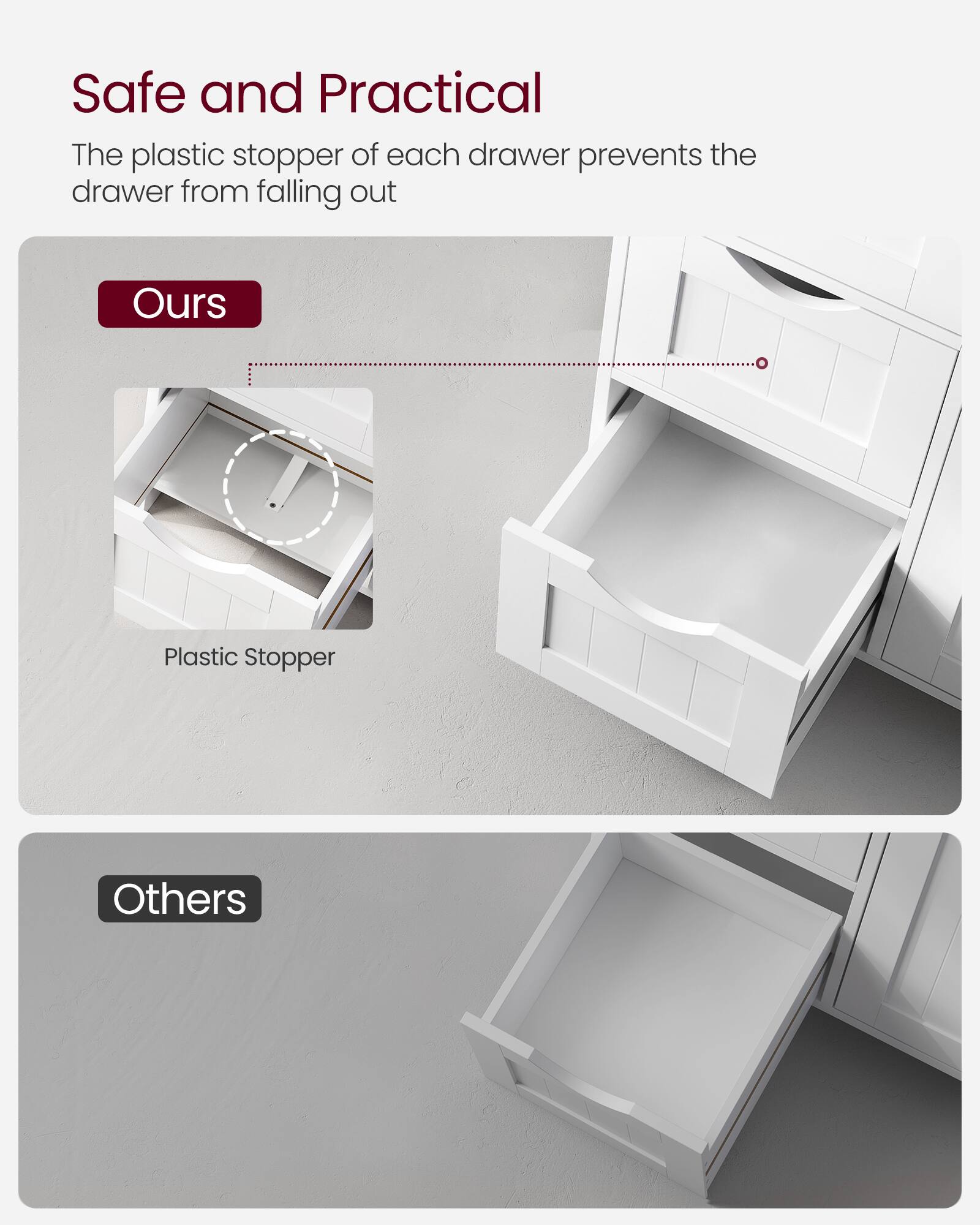 Safe and Practical

The plastic stopper of each drawer prevents the drawer from falling out

Ours

Plastic Stopper

Others
