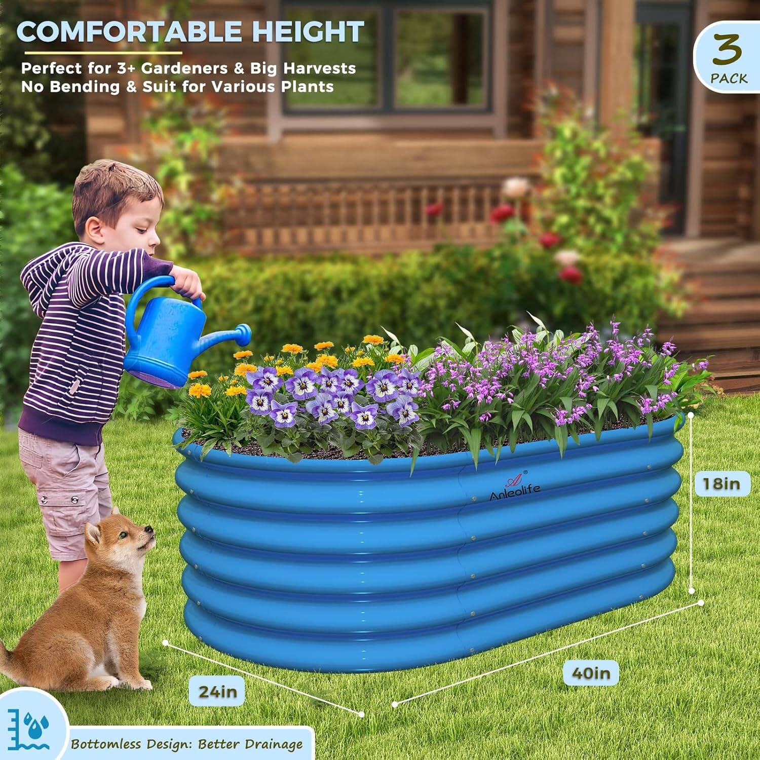 **COMFORTABLE HEIGHT**  
Perfect for 3+ Gardeners & Big Harvests  
No Bending & Suit for Various Plants  

**3 PACK**  

**Bottomless Design: Better Drainage**  

**Dimensions:**  
- 18in  
- 24in  
- 40in  

**Anleolife**