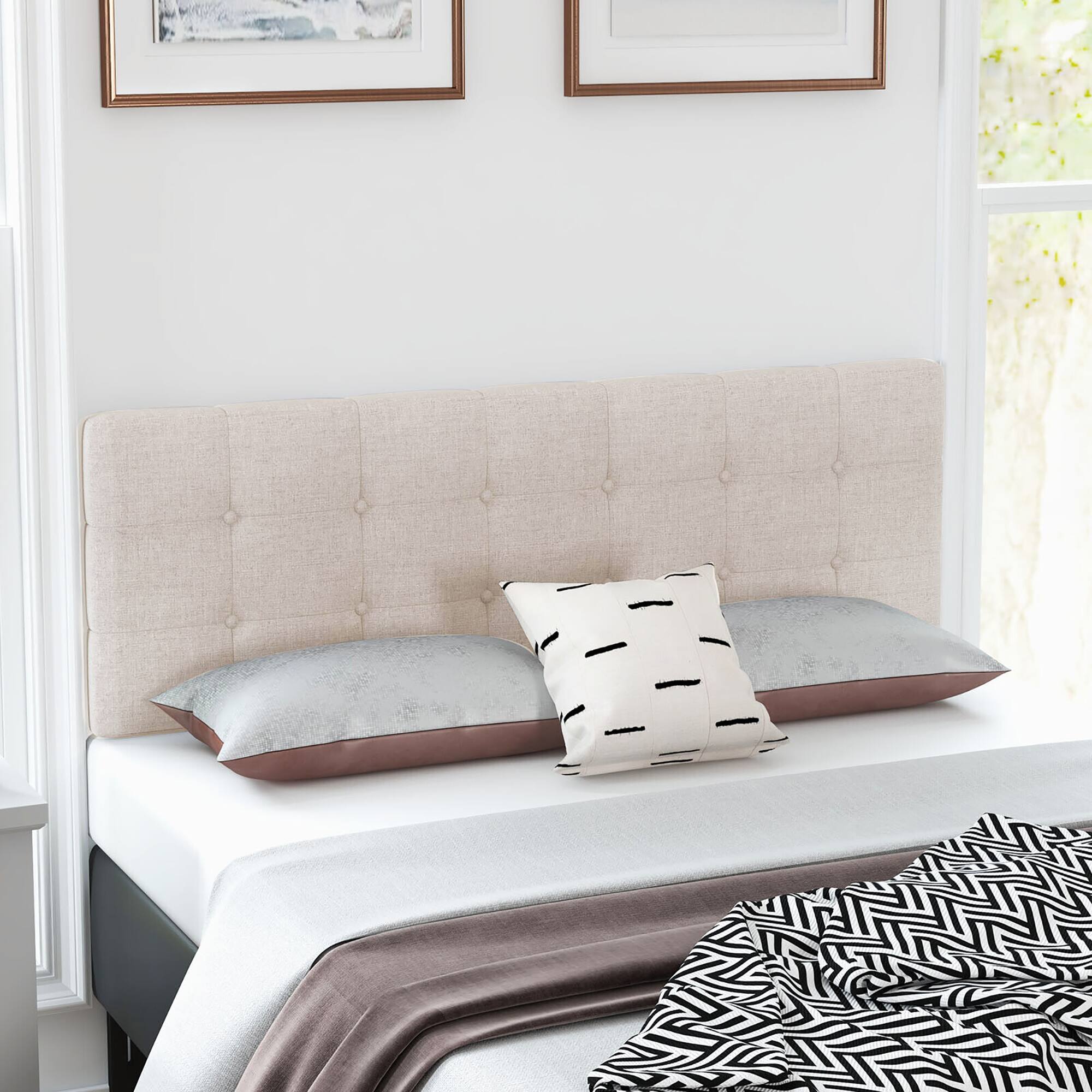 Alt View 1. Gymax - Gymax Full/Queen Size Headboard Linen Fabric Upholstered Button Tufted Solid Wood Leg - Beige.