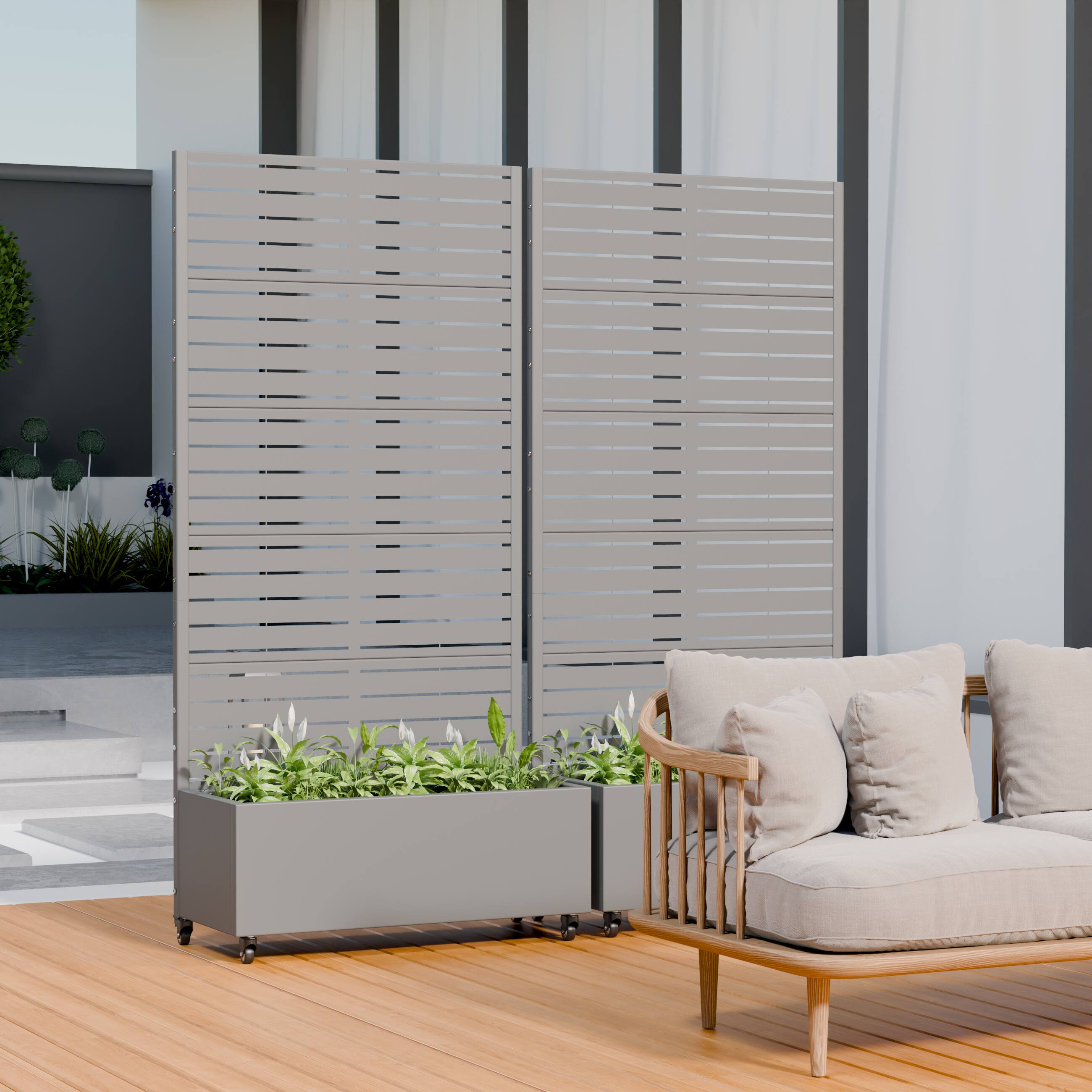 Front. PexFix - 2Pcs Outdoor Metal Planter Box with Privacy Screen Freestanding Fence Planter Modular Raised Garden Bed with Trellis - Gray.