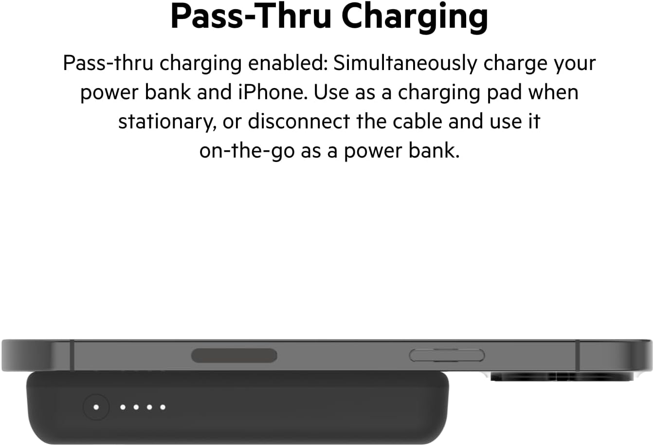 Pass-Thru Charging

Pass-thru charging enabled: Simultaneously charge your power bank and iPhone. Use as a charging pad when stationary, or disconnect the cable and use it on-the-go as a power bank.