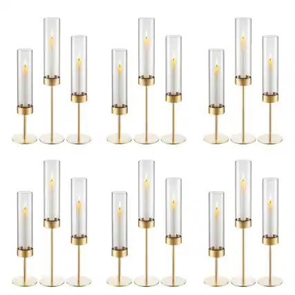 Front. VEVOR - Hurricane Candle Holders Set of 18, Gold Metal Stand with Clear Glass Cylinders, Elegant Tiered Centerpieces Wind - Transparent;Gold.
