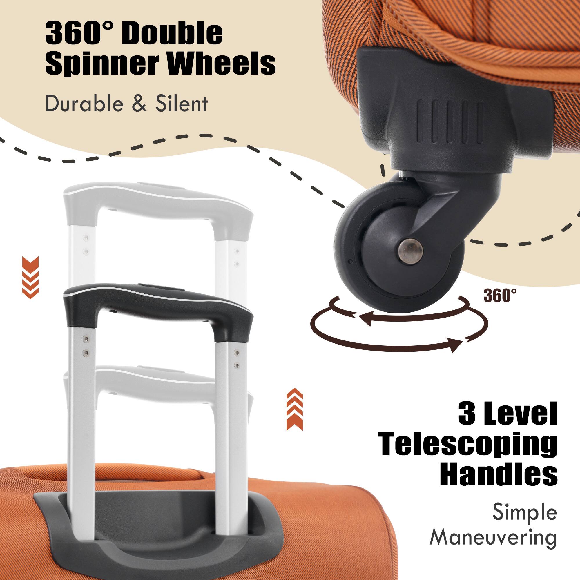 360° Double Spinner Wheels  
Durable & Silent  

3 Level Telescoping Handles  
Simple Maneuvering