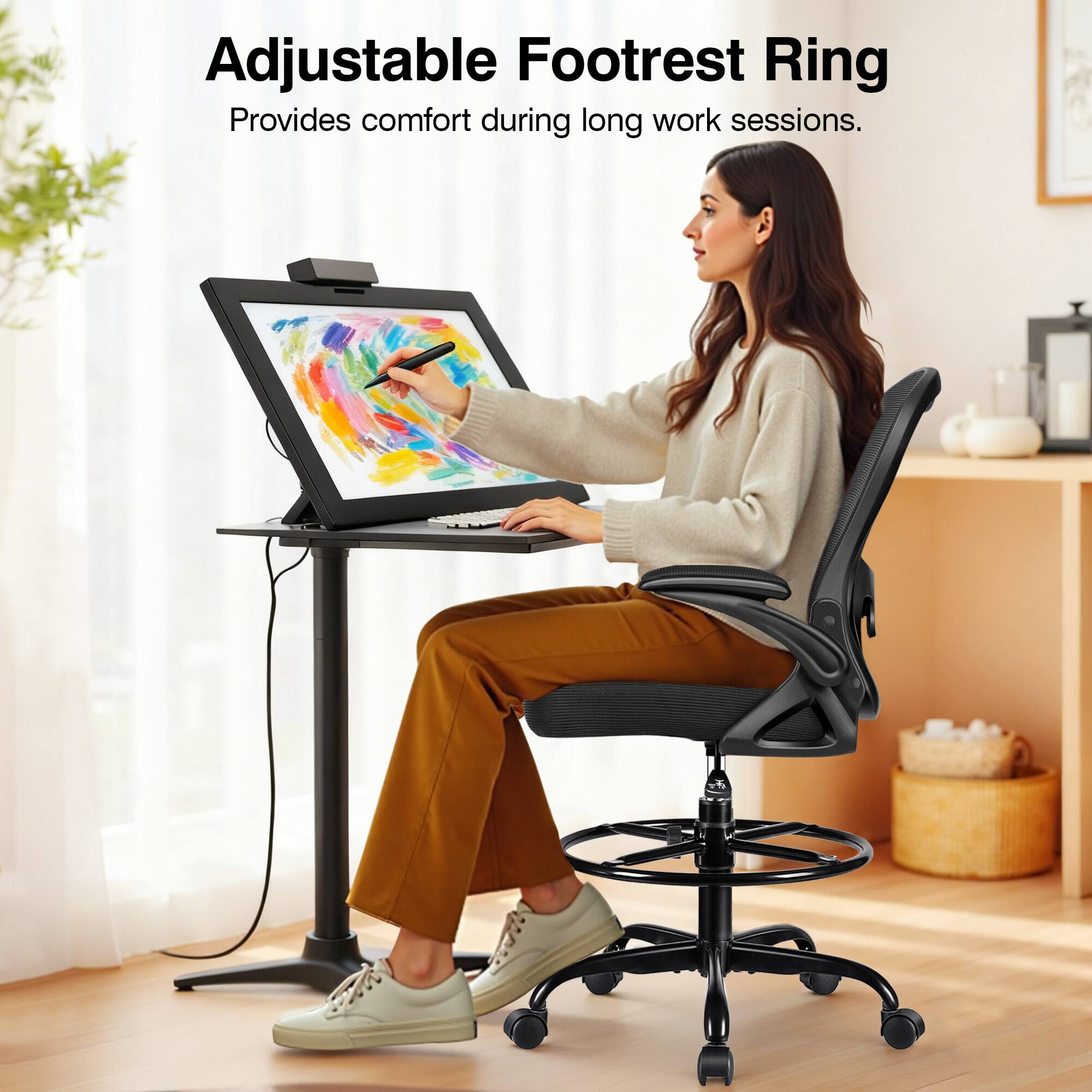 Adjustable Footrest Ring  
Provides comfort during long work sessions.