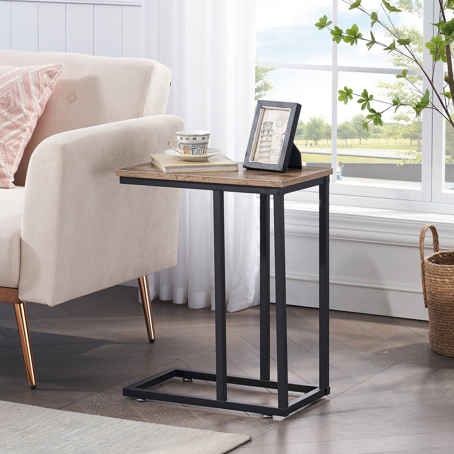Alt View 2. Vecelo - 2Pack C Shaped End Table for Small Spaces, Sofa Side Table with Metal Frame, Easy to Assemble Snack Table - Grey.