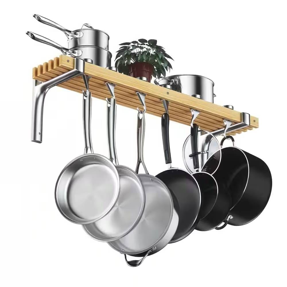 SlickBlue - Metal Wood Wall Mounted Pot Rack 36-Inch x 8-Inch with 6 Swivel Hooks - Natural