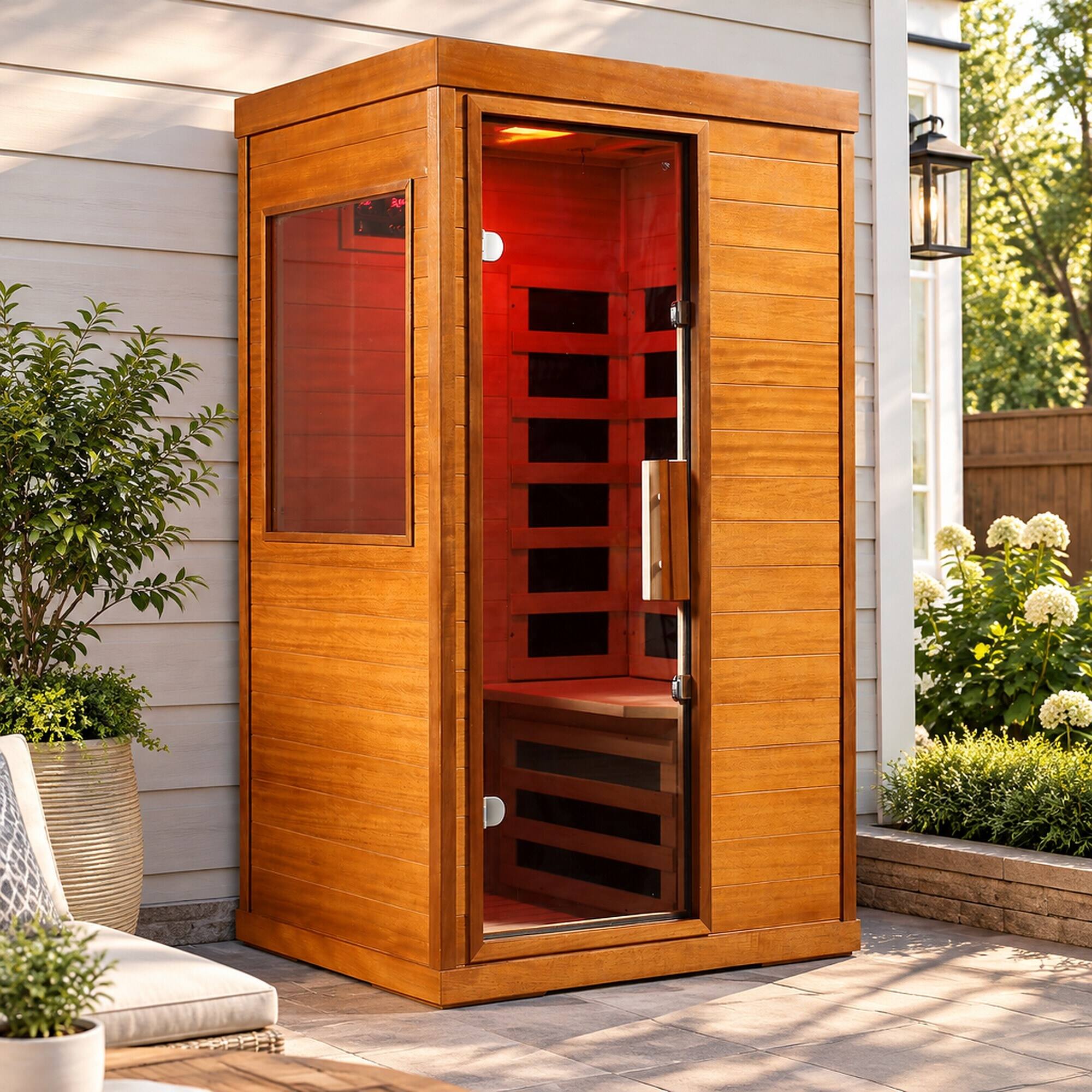 Left. RYHNUYNE - Far Infrared Indoor Sauna Room, Okoume Wood, 35.4 x 27.5 x 63.3 in, Low EMF Carbon Fiber Panels, Bluetooth Audio - Natural.
