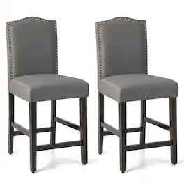 Costway - Set of 2 Upholstered Bar stools 25" Counter Height Chairs with Rubber Wood Legs - Gray