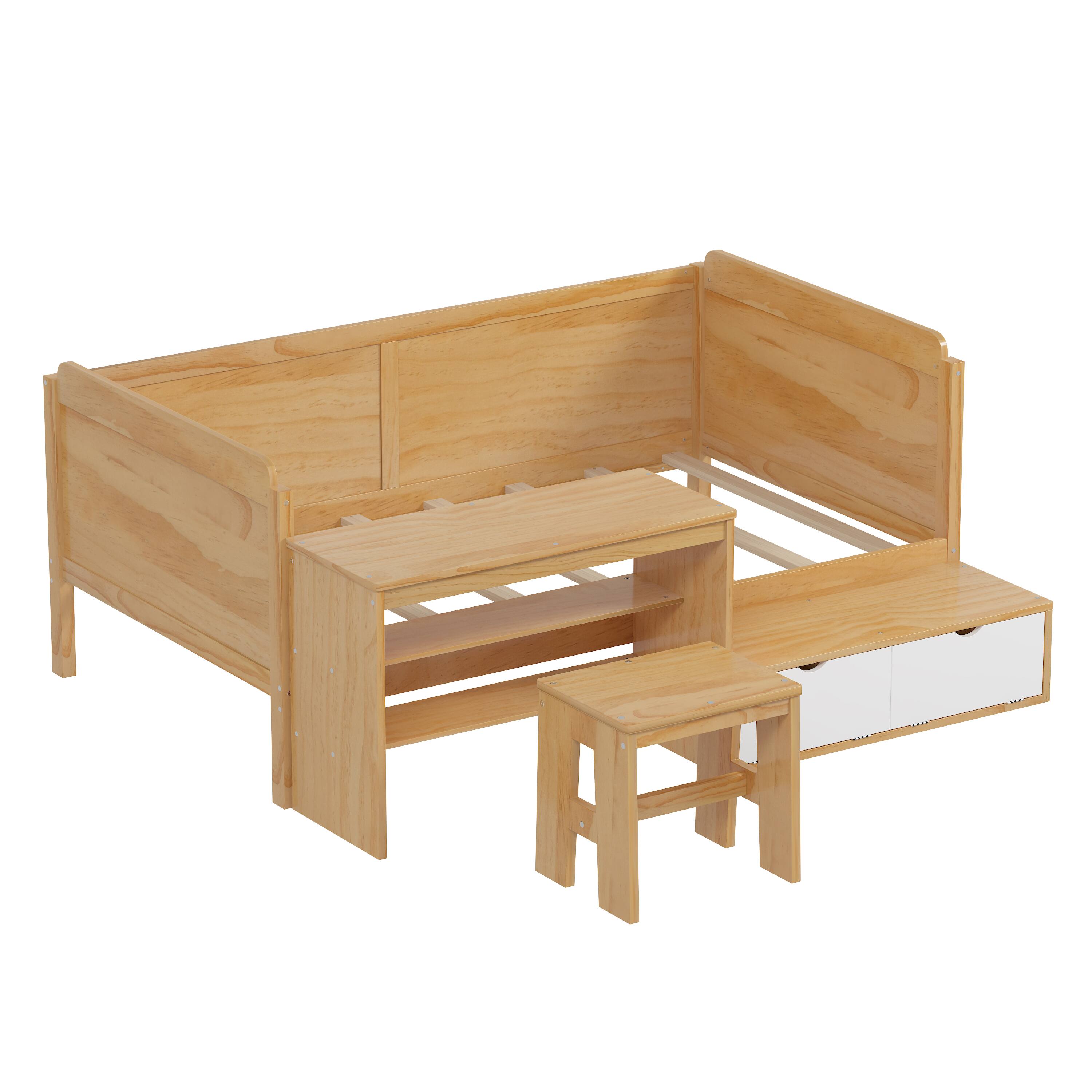 Alt View 2. Tiramisubest - Twin Size Daybed with Storage Shelves and Lockers, Multi-functional Bed with Study Desk and Matching Stool, Natural - Natural.