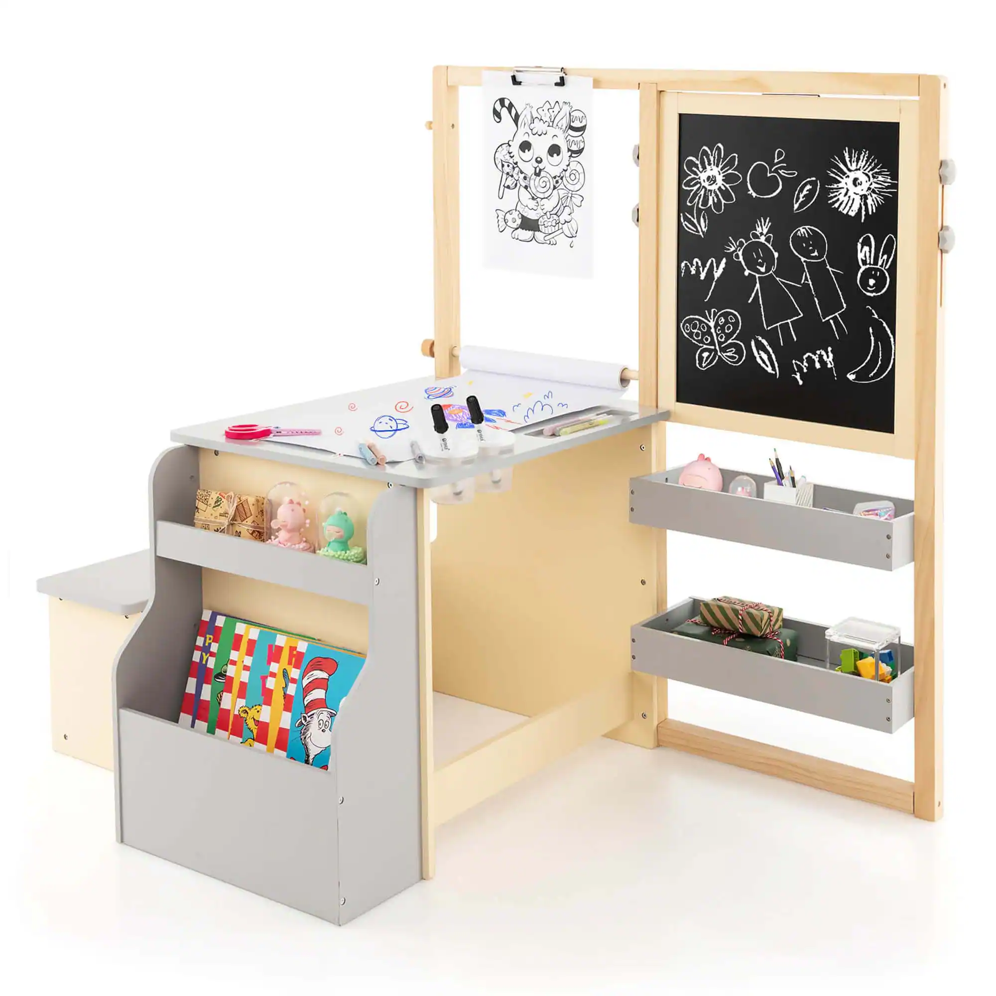 Costway - Kids Art Center Wooden Table Bench Set Adjustable Double-Sided Easel Storage - Gray