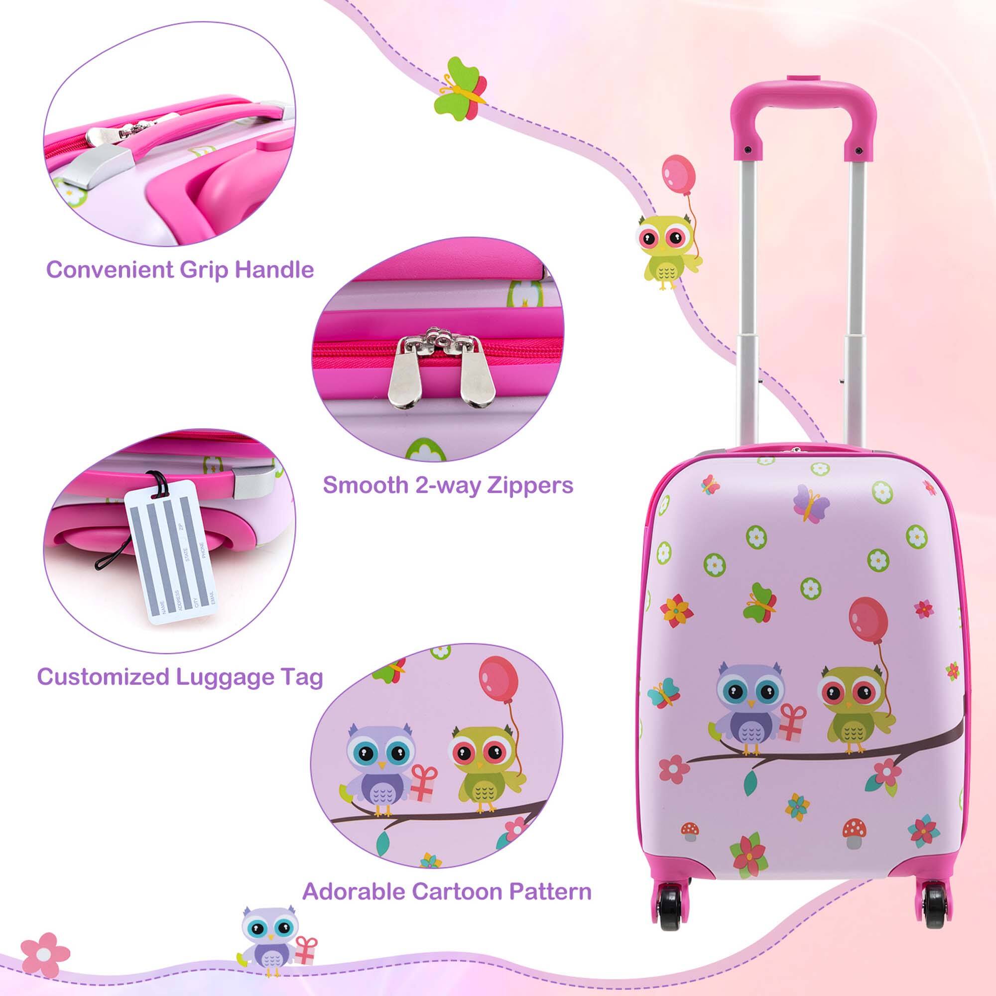 The text on the image is grouped and corrected as follows:

1. Convenient Grip Handle: The handle is designed for easy and comfortable gripping while pulling the suitcase.
2. Smooth 2-way Zippers: The zippers on the suitcase are designed to open and close smoothly, making it easy to access the contents inside.
3. Customized Luggage Tag: The suitcase comes with a customized luggage tag, allowing the owner to personalize their luggage.
4. Adorable Cartoon Pattern: The suitcase features an adorable cartoon pattern, making it visually appealing and fun.