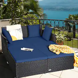 Gymax - Rattan Patio Daybed Loveseat Sofa Yard Outdoor w/ Cushions Pillows - Navy