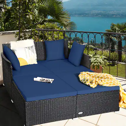 Front. Gymax - Gymax Rattan Patio Daybed Loveseat Sofa Yard Outdoor w/ Navy Cushions Pillows - Navy.