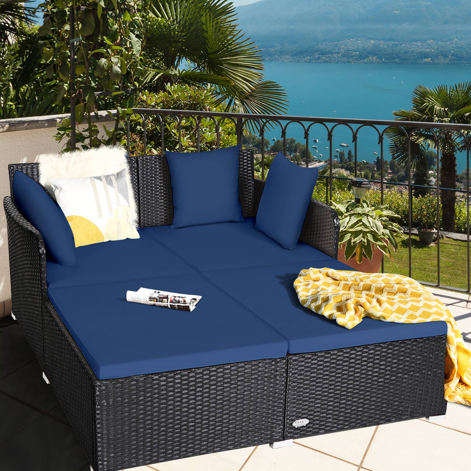 Front. Gymax - Gymax Rattan Patio Daybed Loveseat Sofa Yard Outdoor w/ Navy Cushions Pillows - Navy.